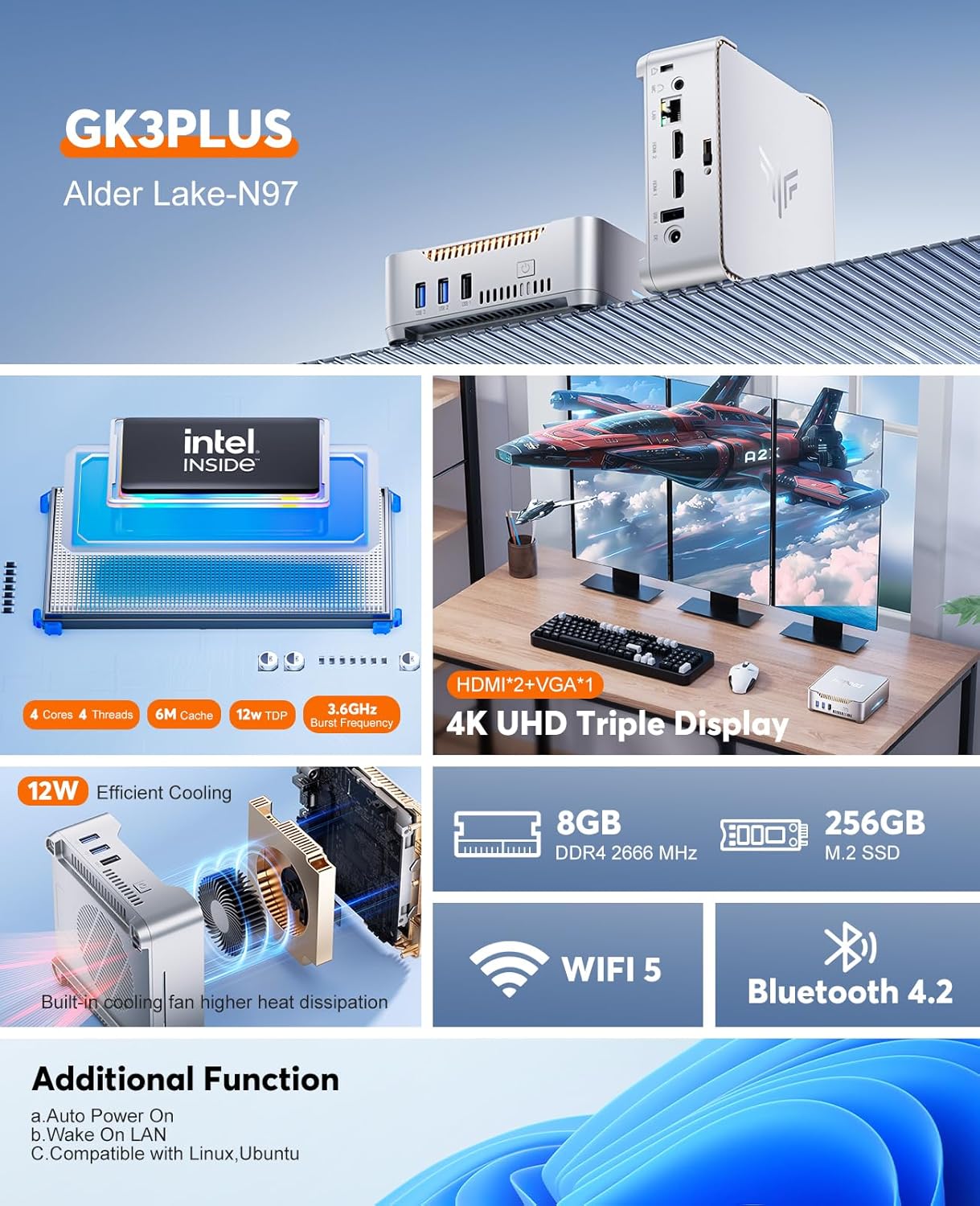 GK3 Plus Mini PC mit Intel Alder Lake-N97 und 4K Triple Display, CPU-N97/ 8GB RAM+256GB ROM