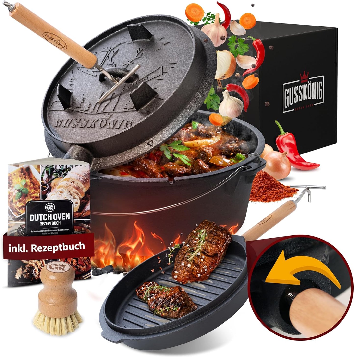 Dutch Oven Set, 9 Liter, Topf mit Fuss