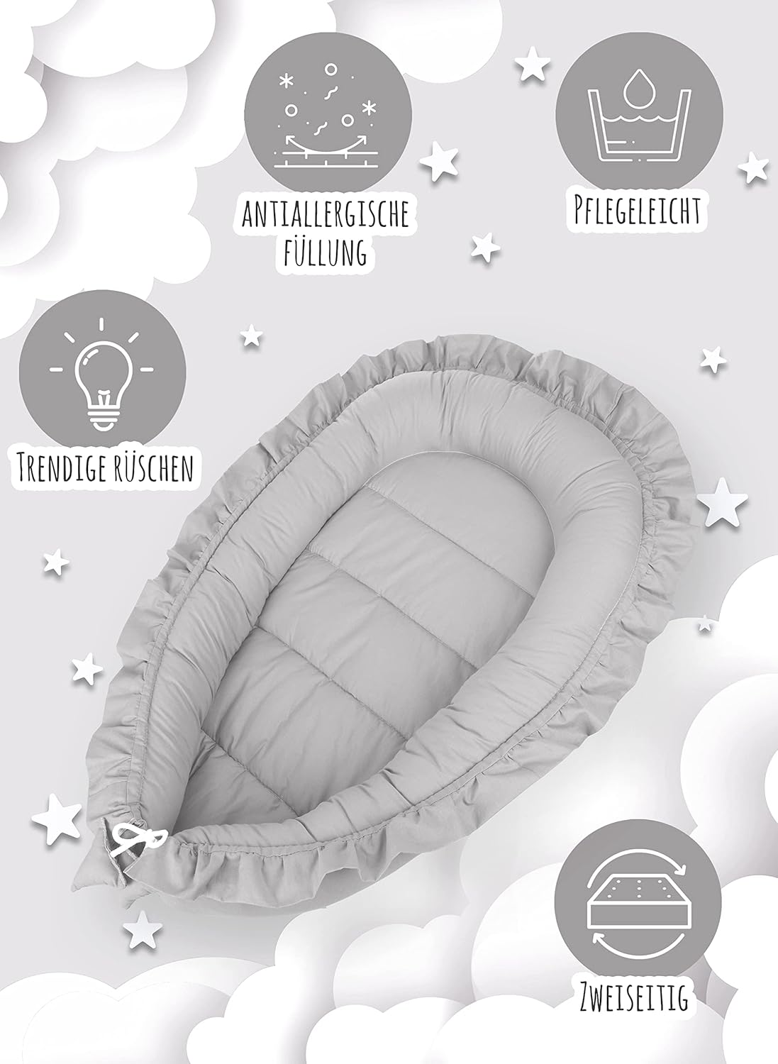 Babynest mit Rüschen für Neugeborene 100% Baumwolle, Grau