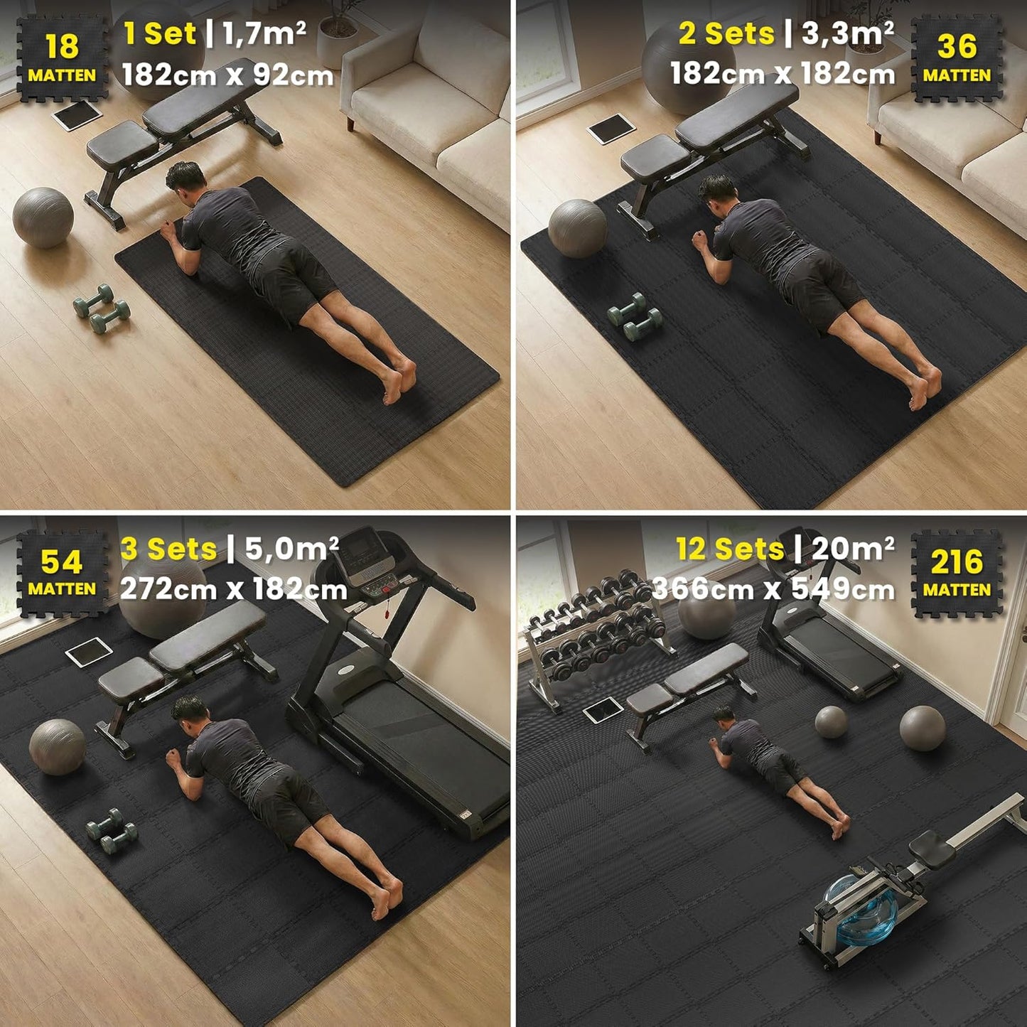 18-teiliges Bodenschutzmatten-Set für Fitness und Gymnastik, Anthracite | 1-side Antislipx | 18 Matten | 1,67 M² 32L x 32B x 1D cm
