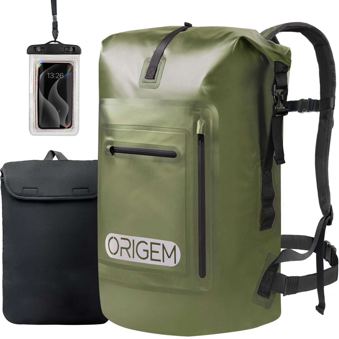 Wasserdichter Rolltop-Rucksack, 85L, Armeegrün 85L