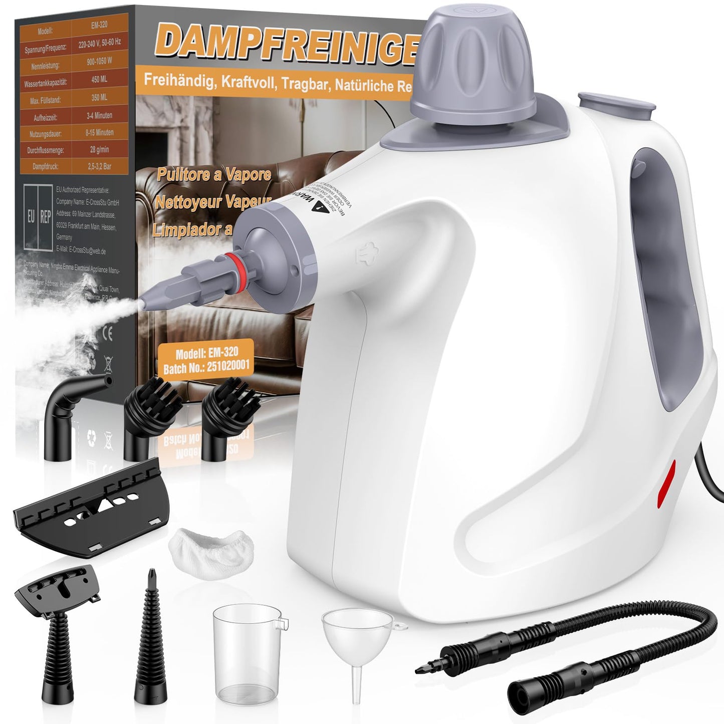 Handdampfreiniger 1050W mit 10 Zubehörteilen, Weiss
