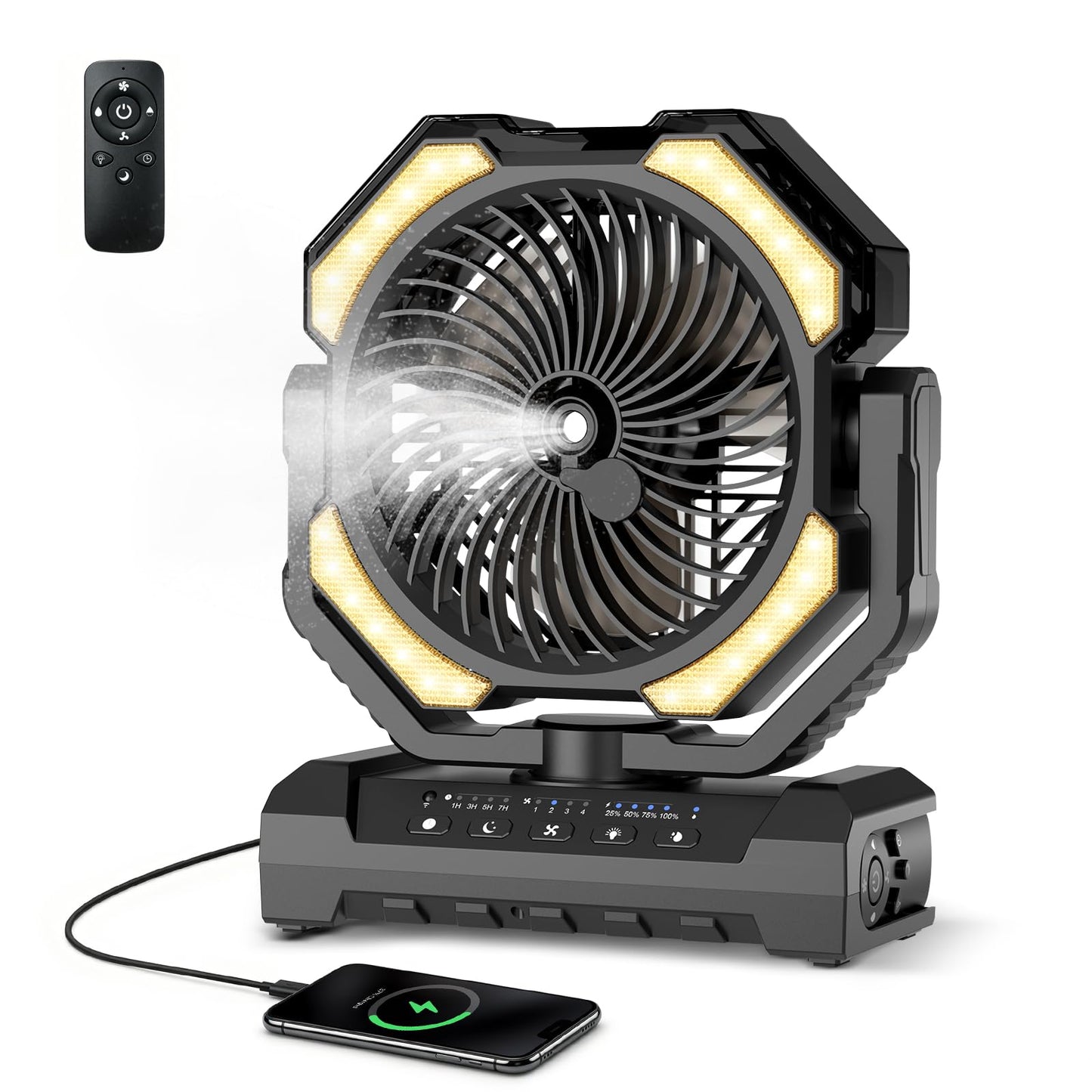 Akku Campingventilator mit Sprühfunktion und Fernbedienung, Schwarz