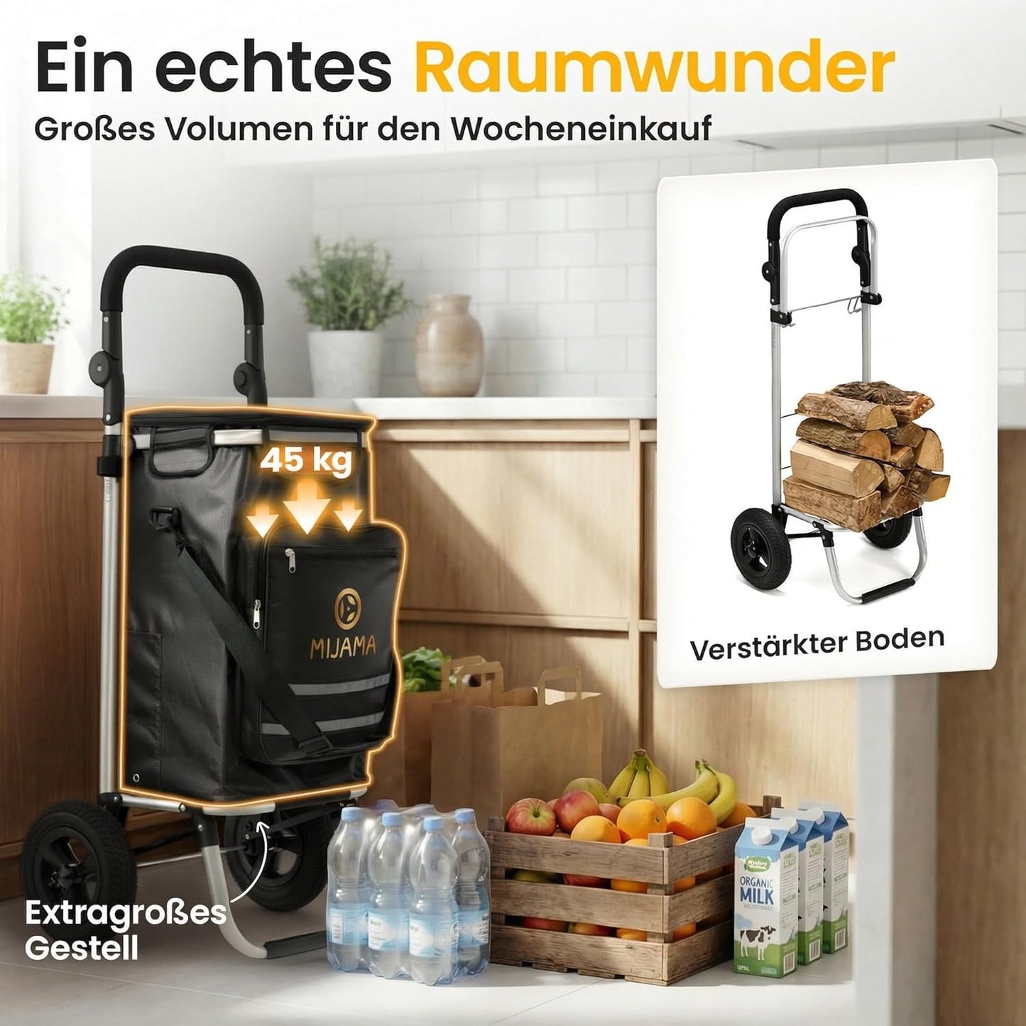 Klappbarer Einkaufstrolley mit Lufträdern, Schwarz
