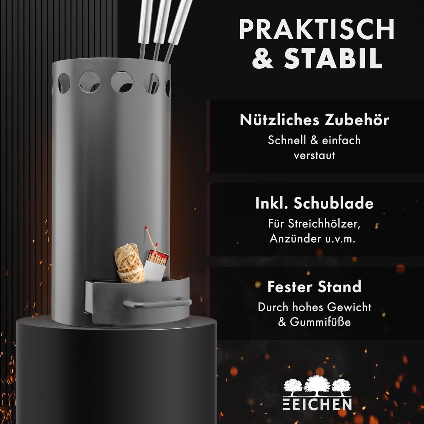 3-teiliges Kaminbesteck mit Schürhaken, Ascheschaufel und Kaminbesen, Grau