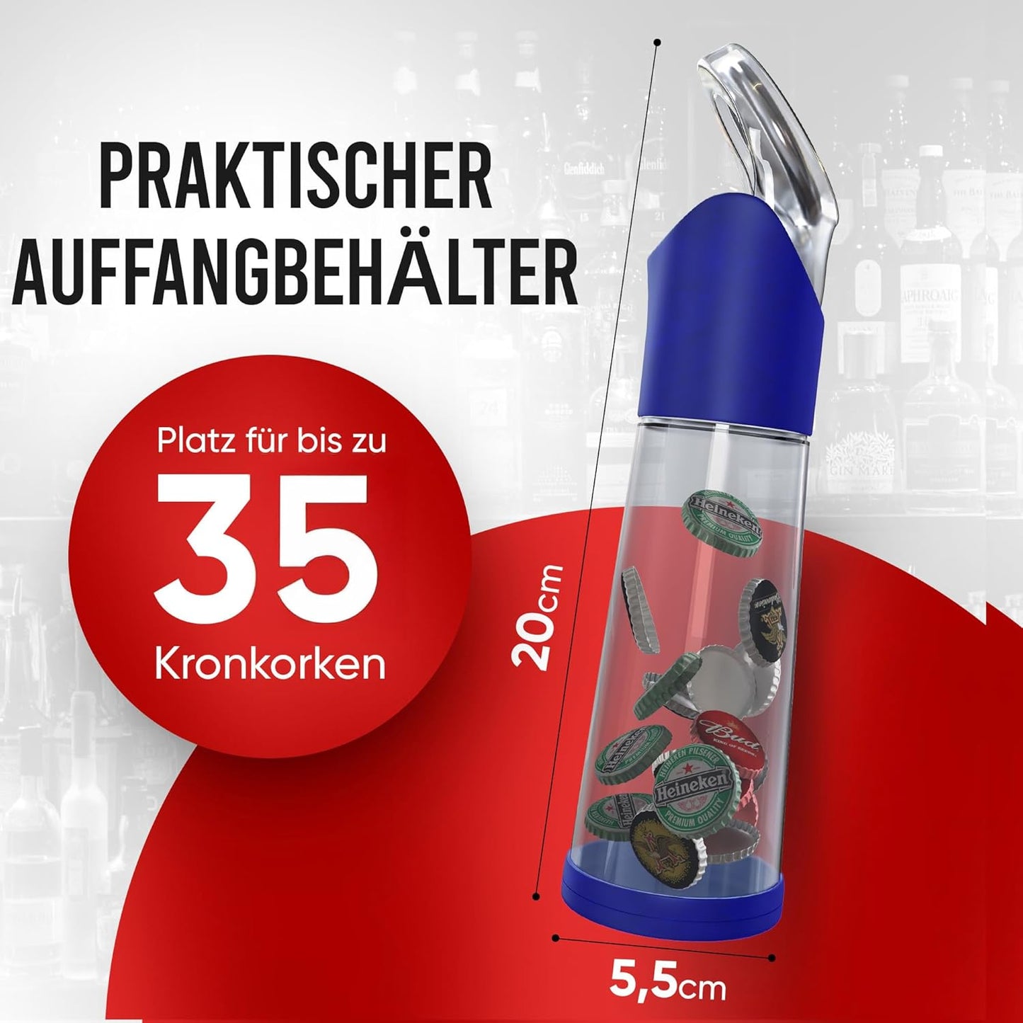 Flaschenöffner mit Auffangbehälter für Kronkorken, Blau