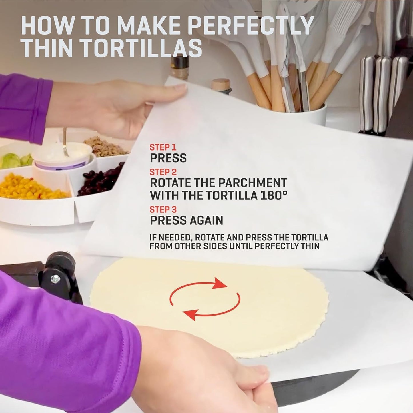 Tortilla Presse mit 100 Blatt Backpapier, 25 CM