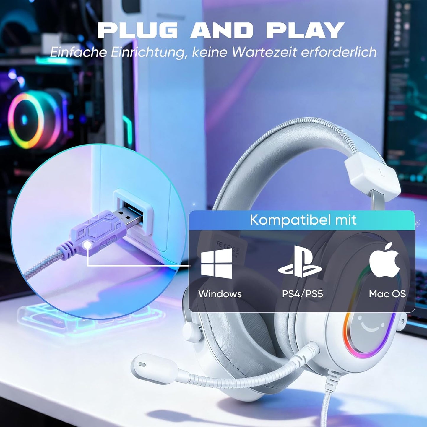 Gaming Headset mit Mikrofon, Surround Sound, USB, Weiss