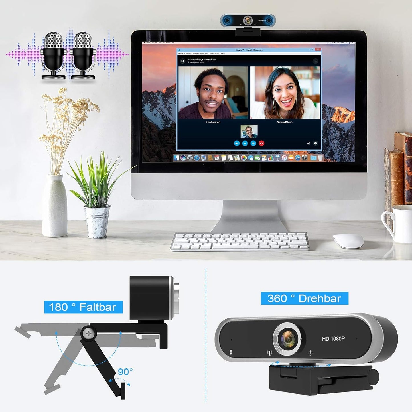 Webcam 1080P mit Mikrofon und Abdeckung, 1080P WEBCAM