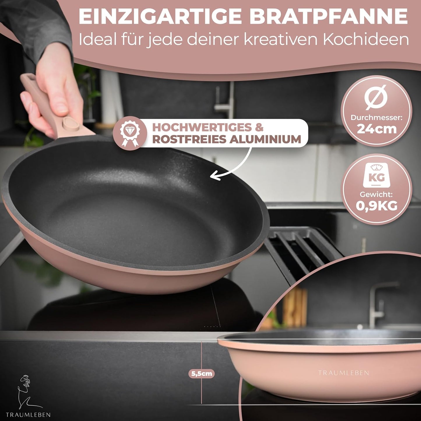 Antihaft-Bratpfanne mit abnehmbarem, Rosa 24 cm