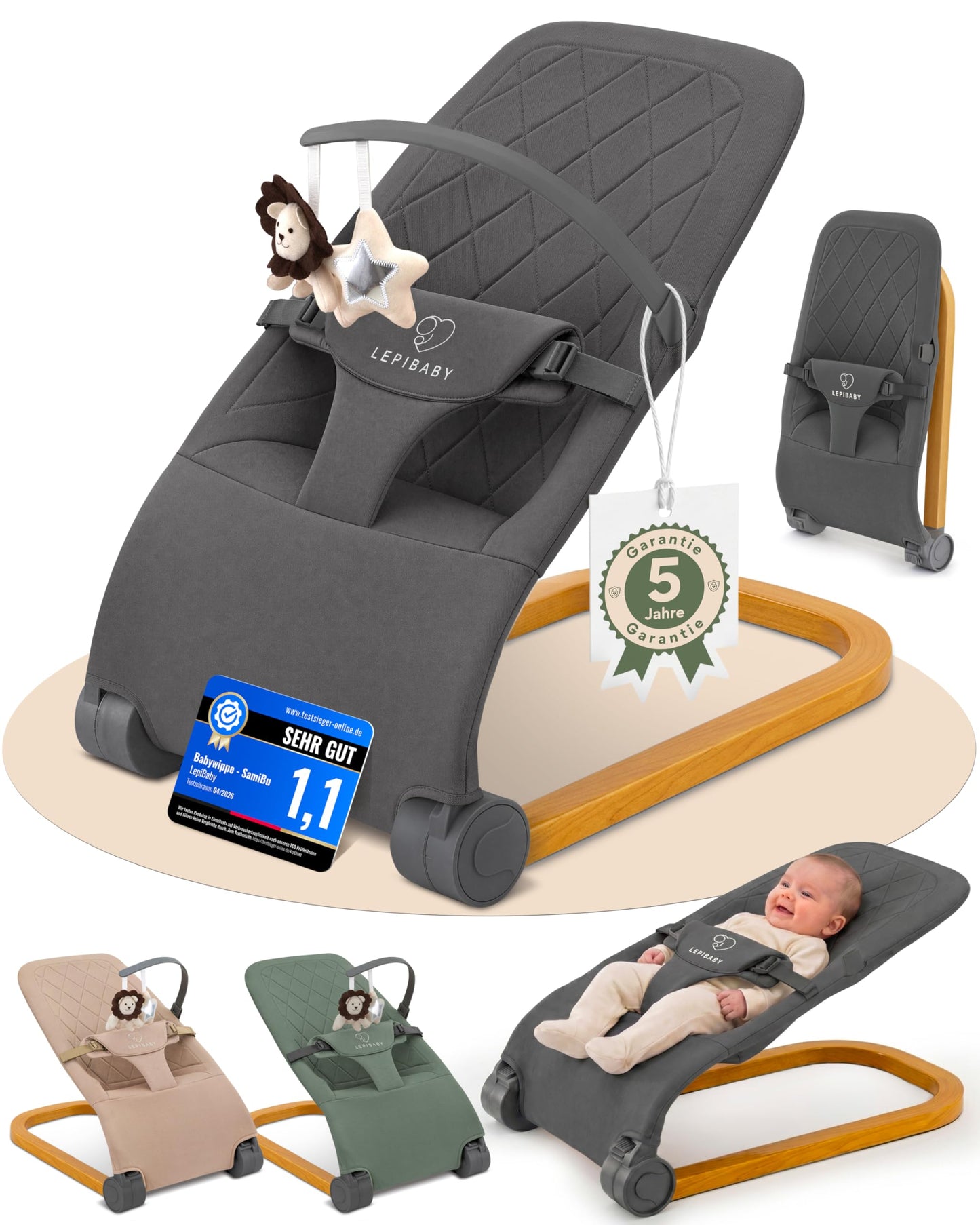 Faltbare Babywippe mit Spielbogen, Grau