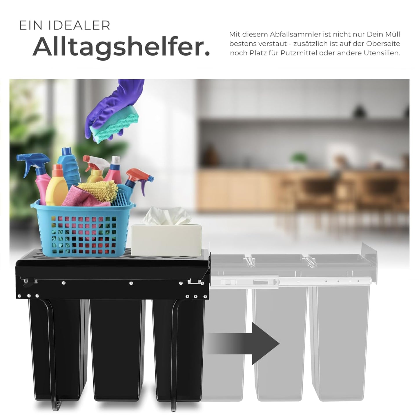 Ausziehbares Mülltrennsystem für Schrank (3x10L), 3x 10L