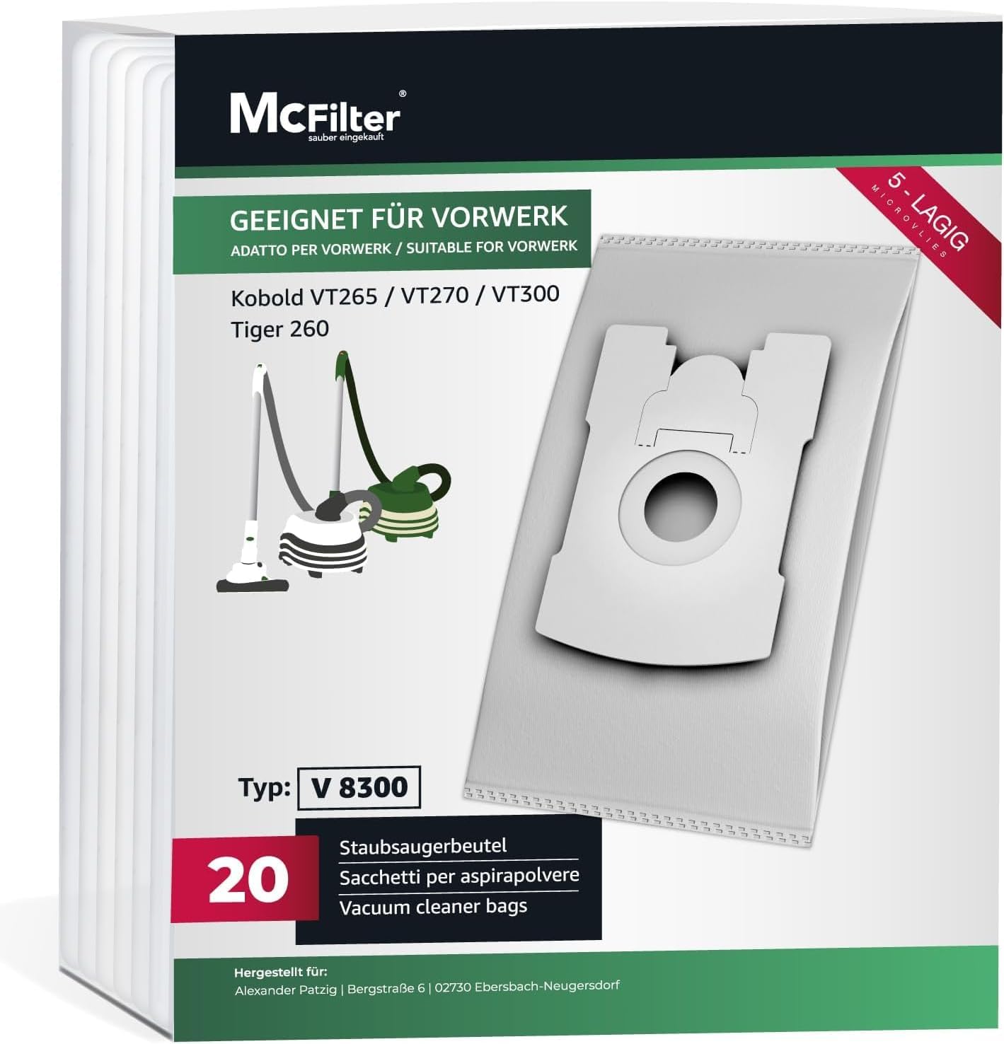 Staubsaugerbeutel für Vorwerk Tiger/Kobold (20 Stk), geeignet für VK 265|270|300 +Tiger 260