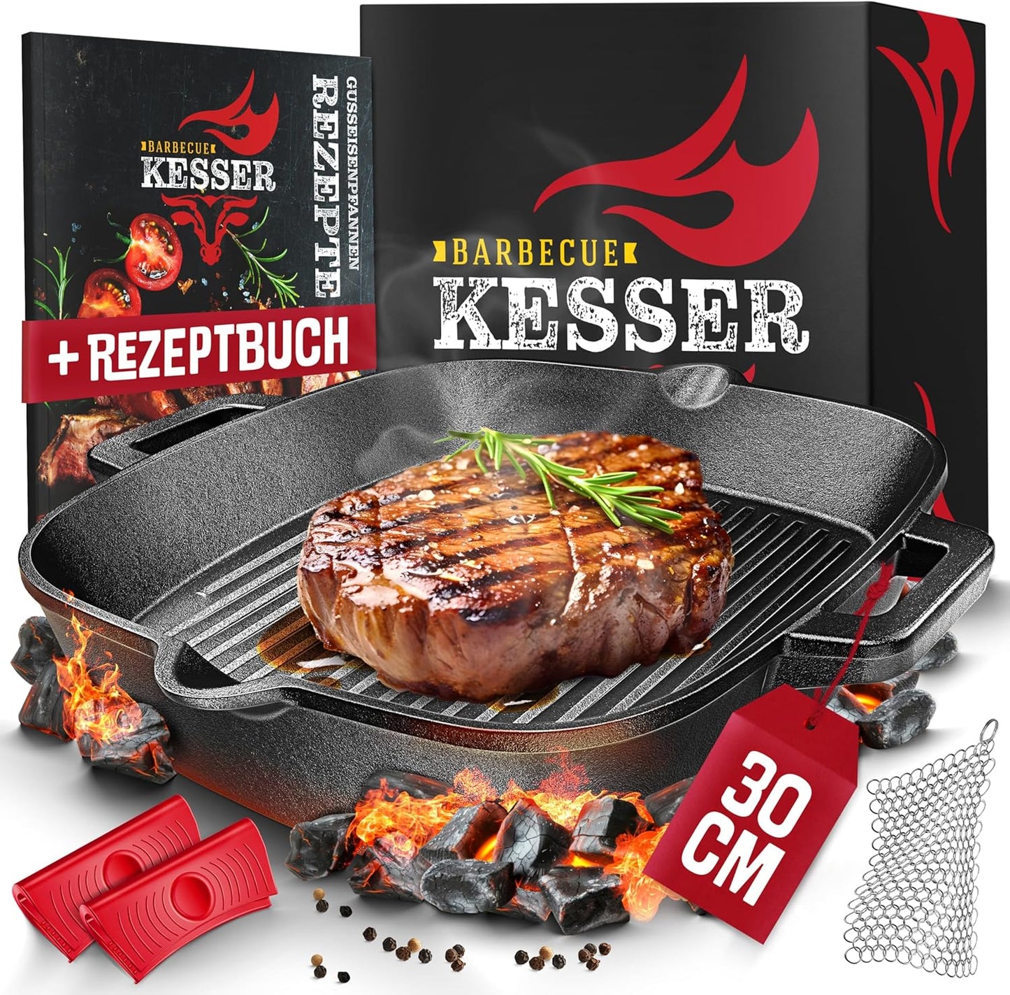Gusseisen-Grillpfanne, 30 cm, 30 cm Eckig