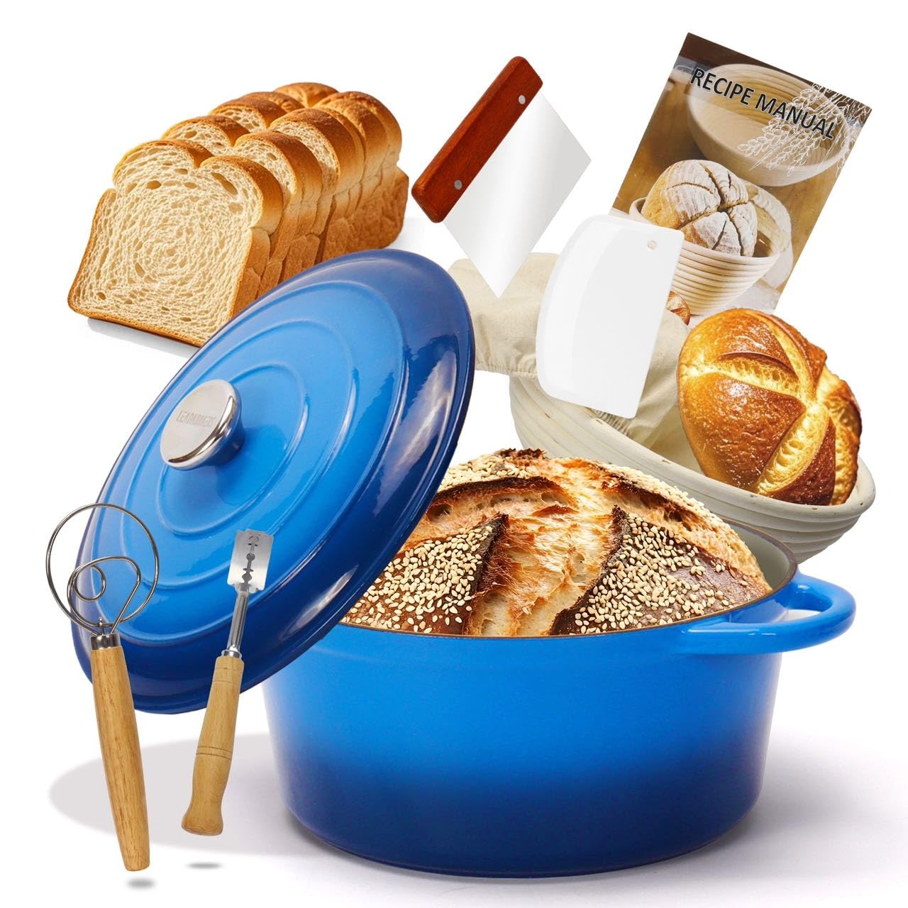 Bräter mit Gärkorb für Brotbacken, Dunkelblau 5.0L