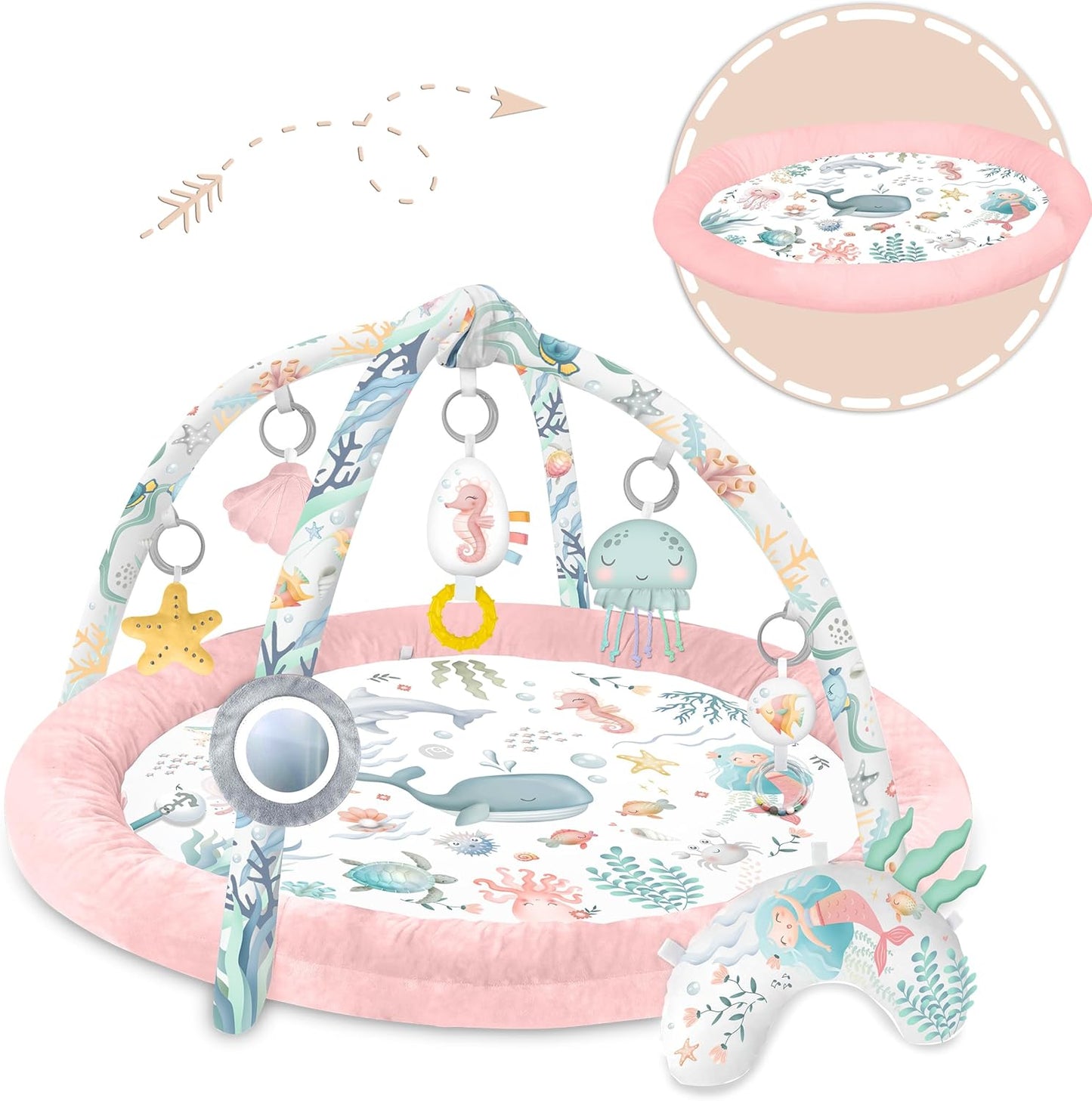 Baby Spieldecke mit Spielbogen und 7 Spielzeugen, Rosa - 56 Cm