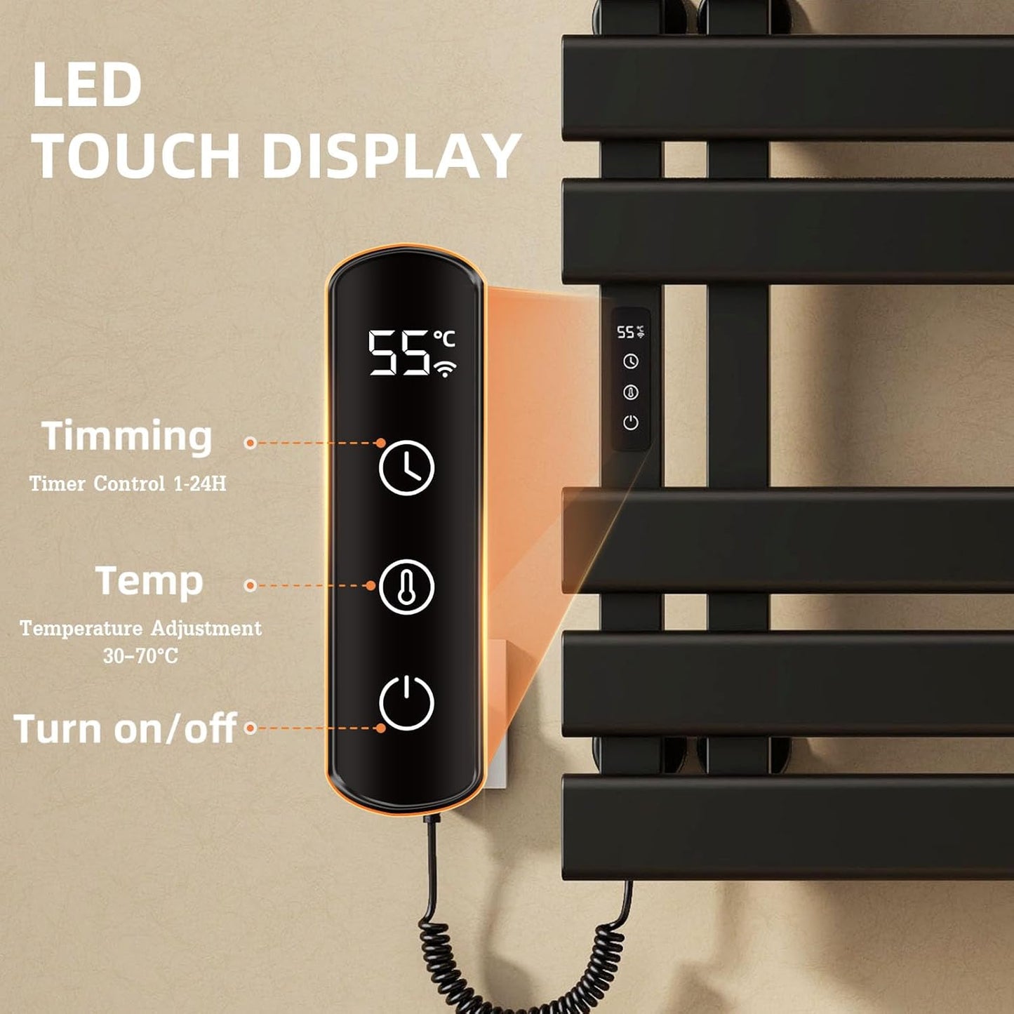 Elektrischer Handtuchtrockner mit WiFi & Thermostat, Schwarz