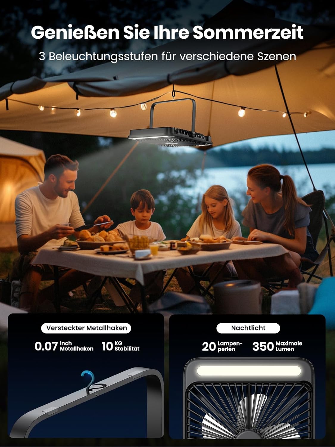Tragbarer Campingventilator mit LED-Licht, Schwarz