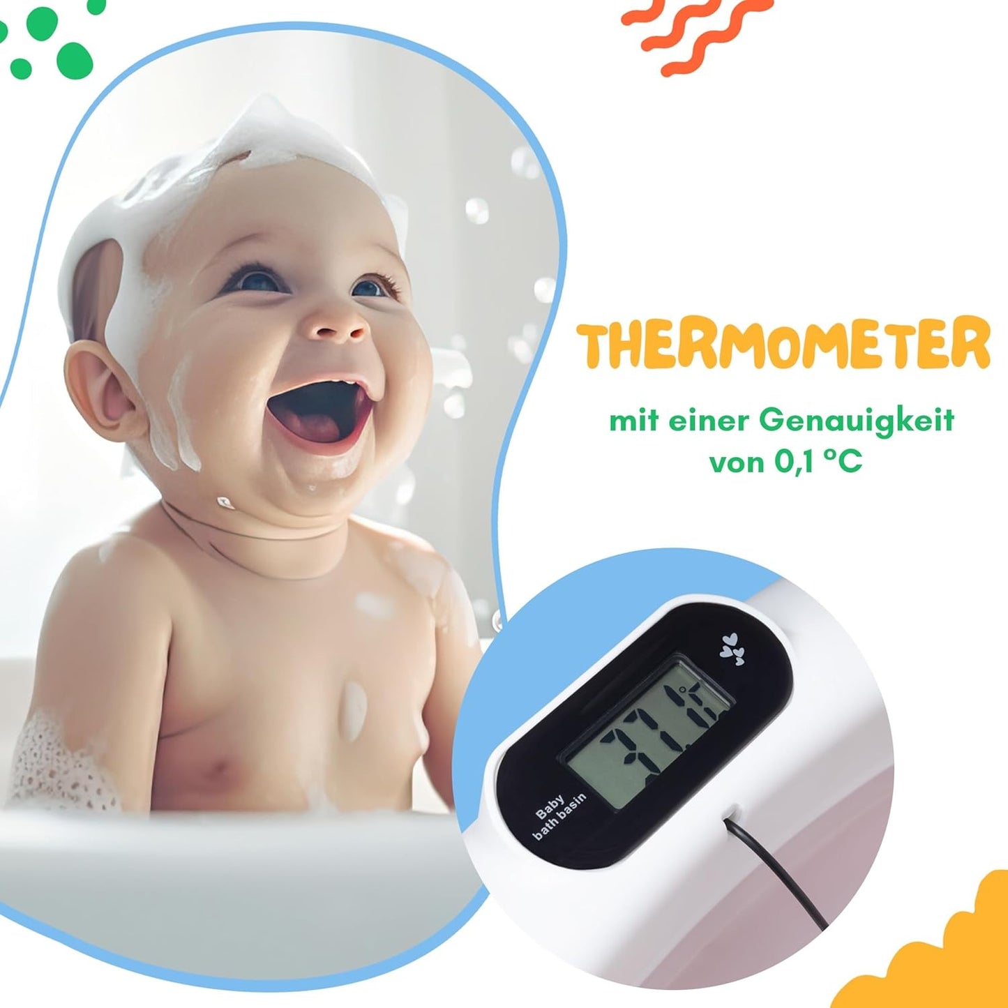Faltbare Babybadewanne mit Ständer und Thermometer, Rosa 84,5cm Höhe - mit Ständer