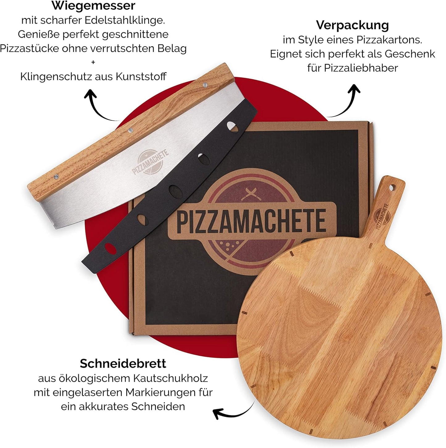 Pizzaschneider-Set mit Wiegemesser und Holzbrett