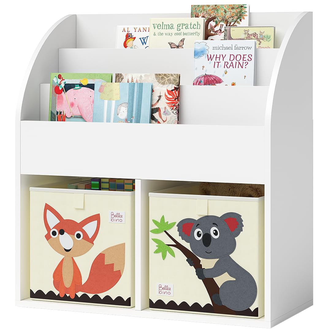 Koro Bücherregal Kinderzimmer mit 3 Fächern, 2 Faltboxen Koala/Fuchs Weiss, 2 Fächer