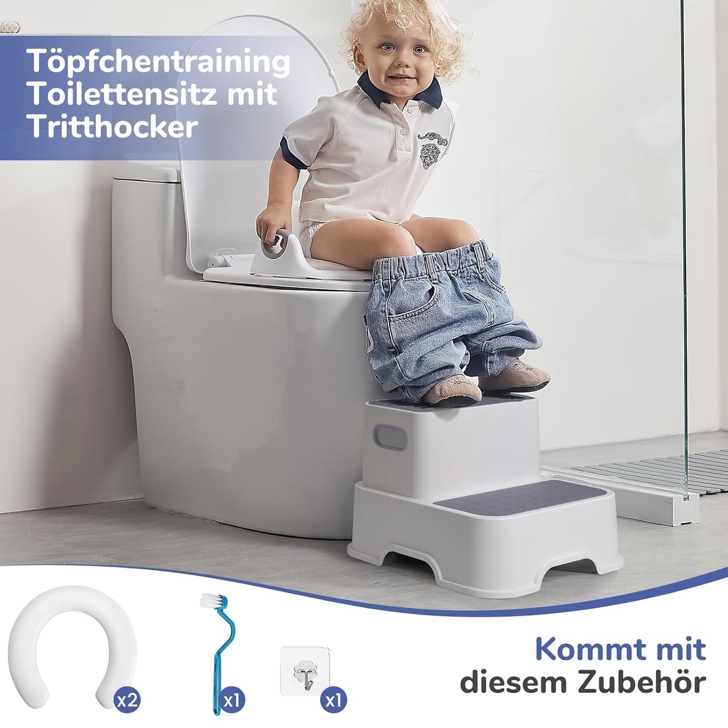 Toilettensitz mit Tritthocker für Kinder, Grau Toilettensitz