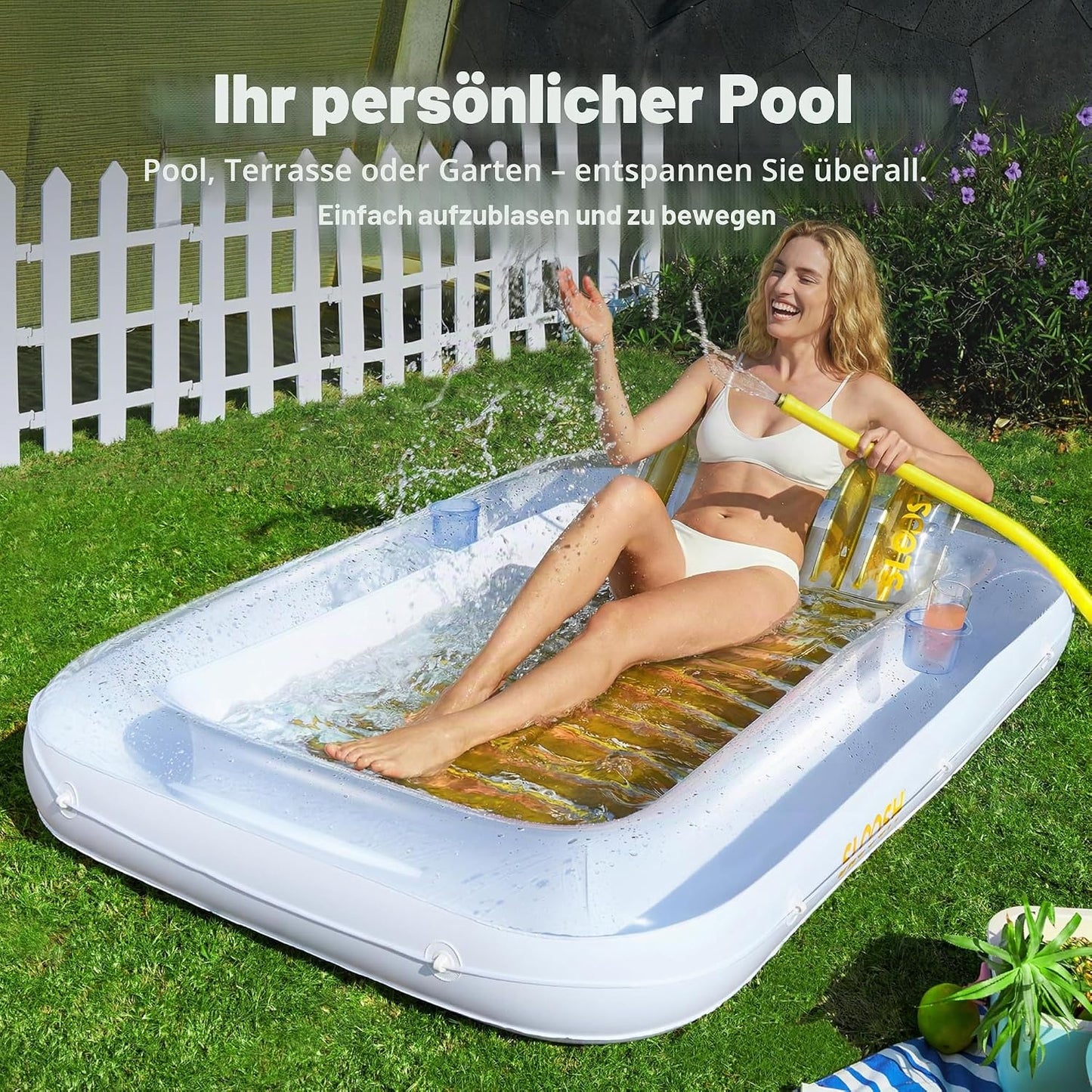 Aufblasbarer Sonnenpool mit abnehmbarem Kissen und Getränkehalter, Gold-Weiss L
