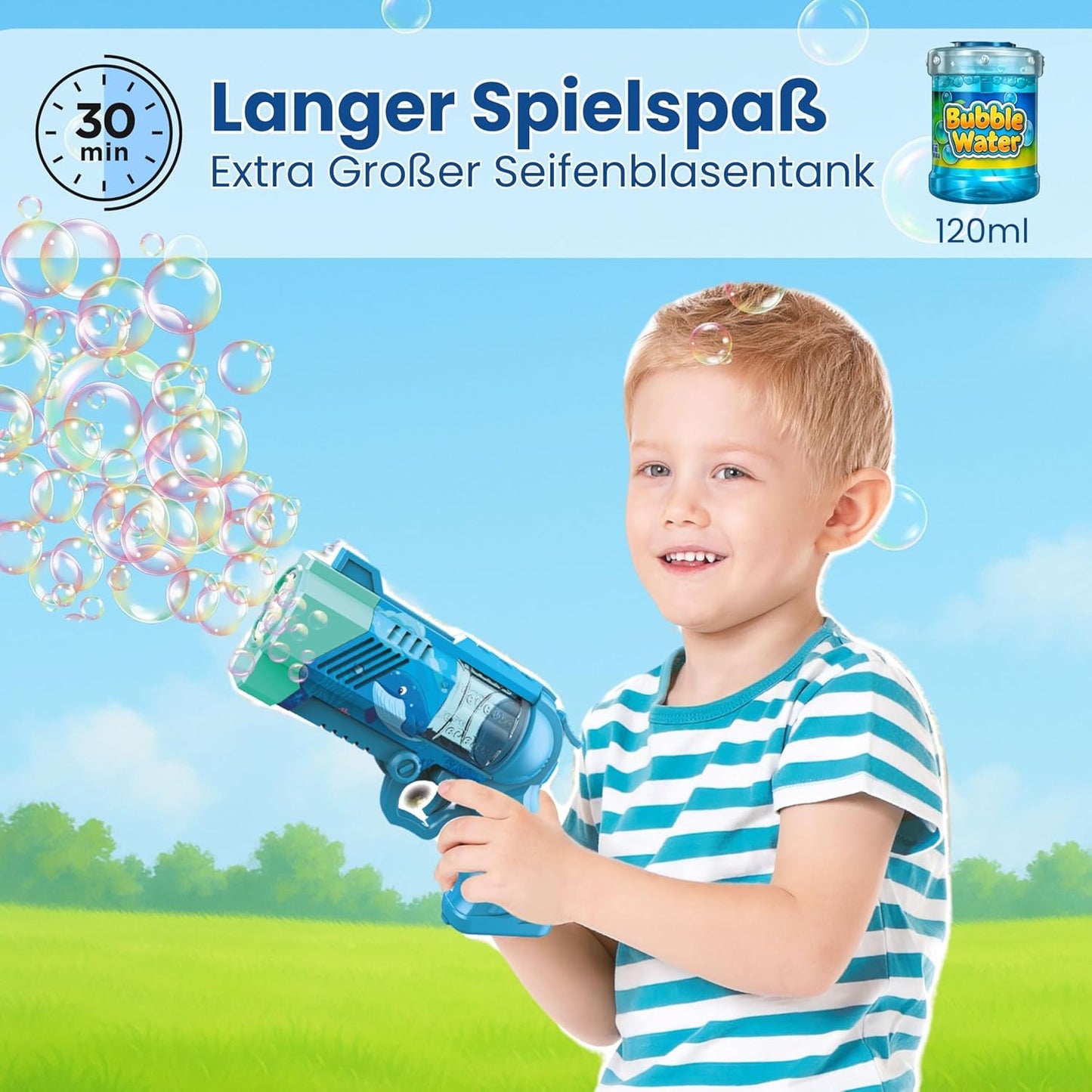 Seifenblasenpistole mit LED und Seifenflüssigkeit, Ozeanblau