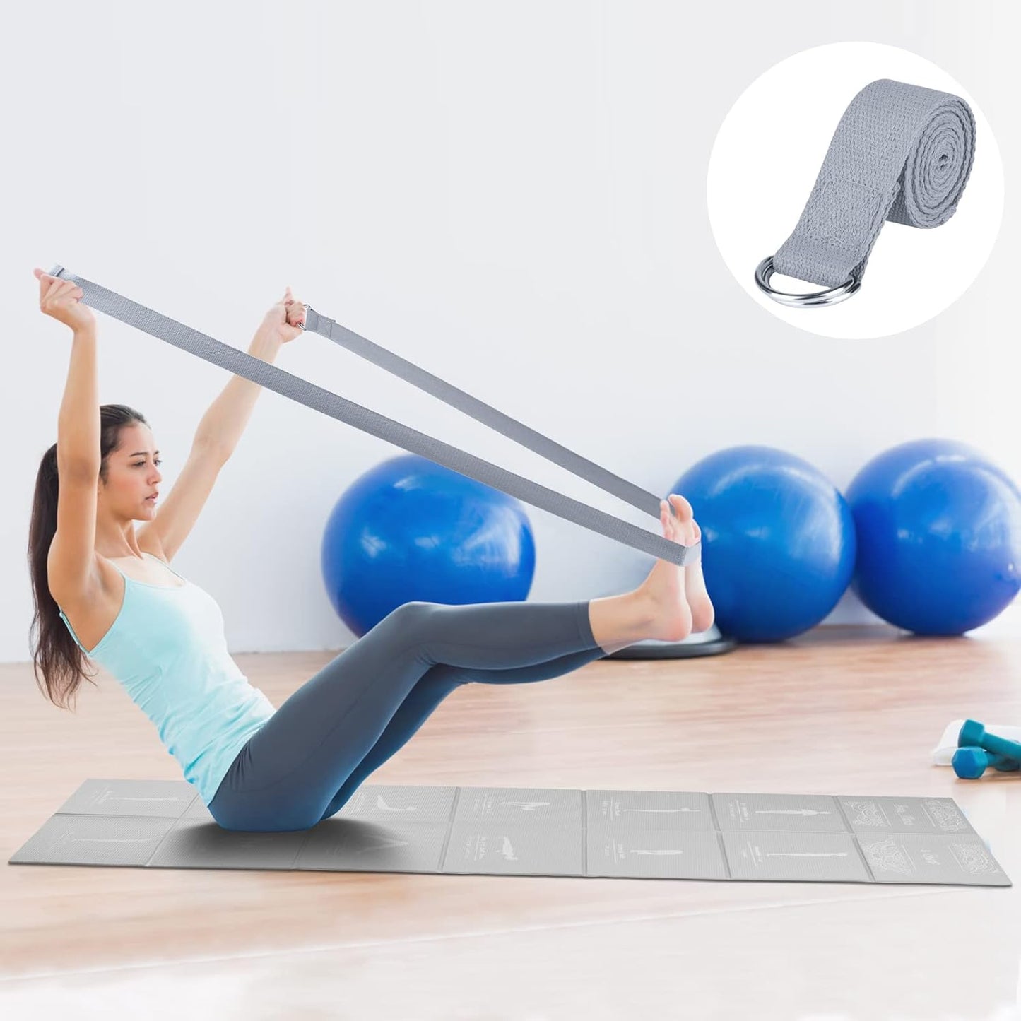 Faltbare Yogamatte mit Stretch Strap, Grau