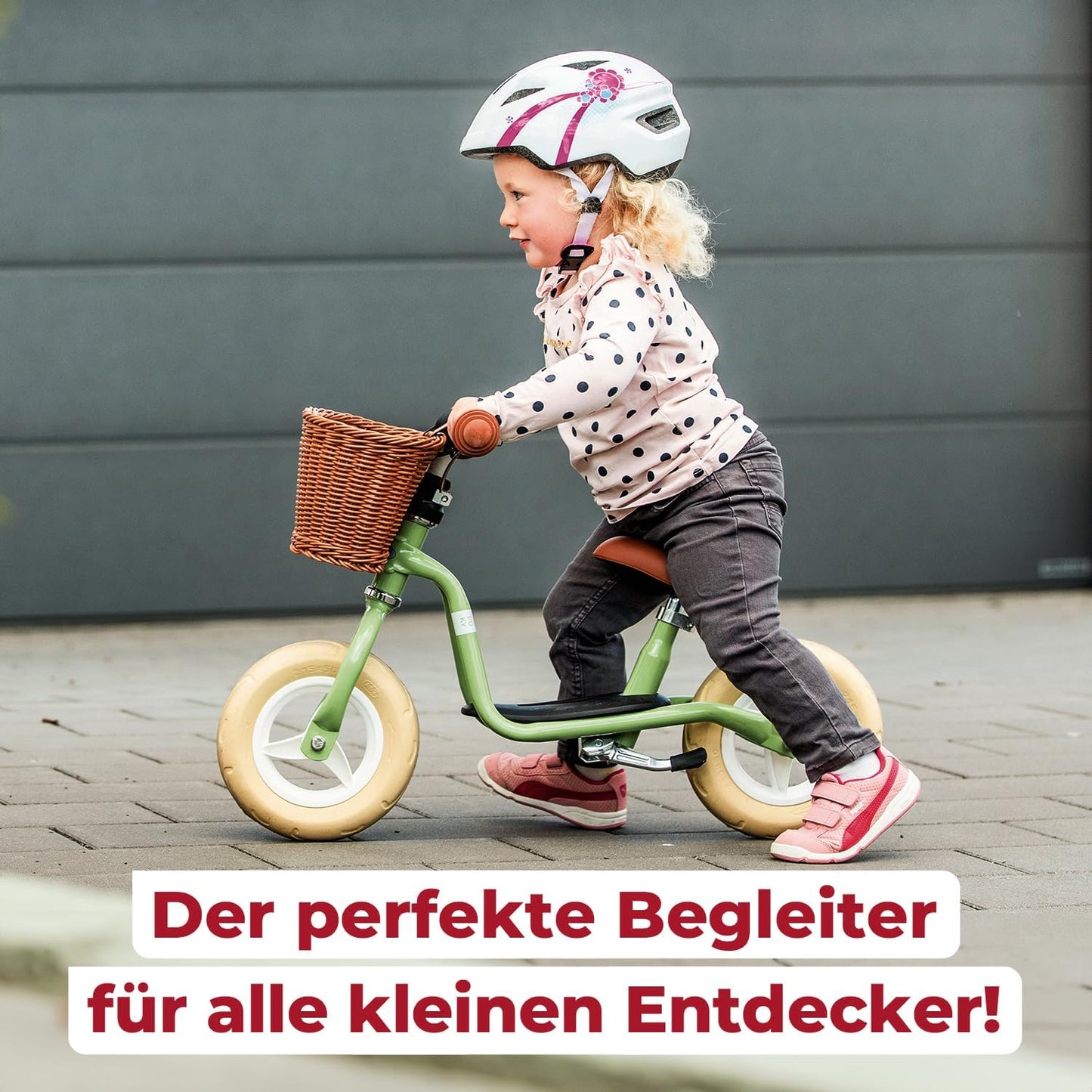 Laufrad mit Trittbrett und höhenverstellbarem Sattel, Chilli Red + Seitenständer