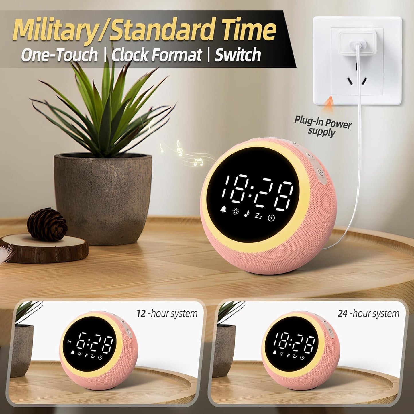 Digitalwecker mit Entspannungstönen & Nachtlicht, 12CM Rosa
