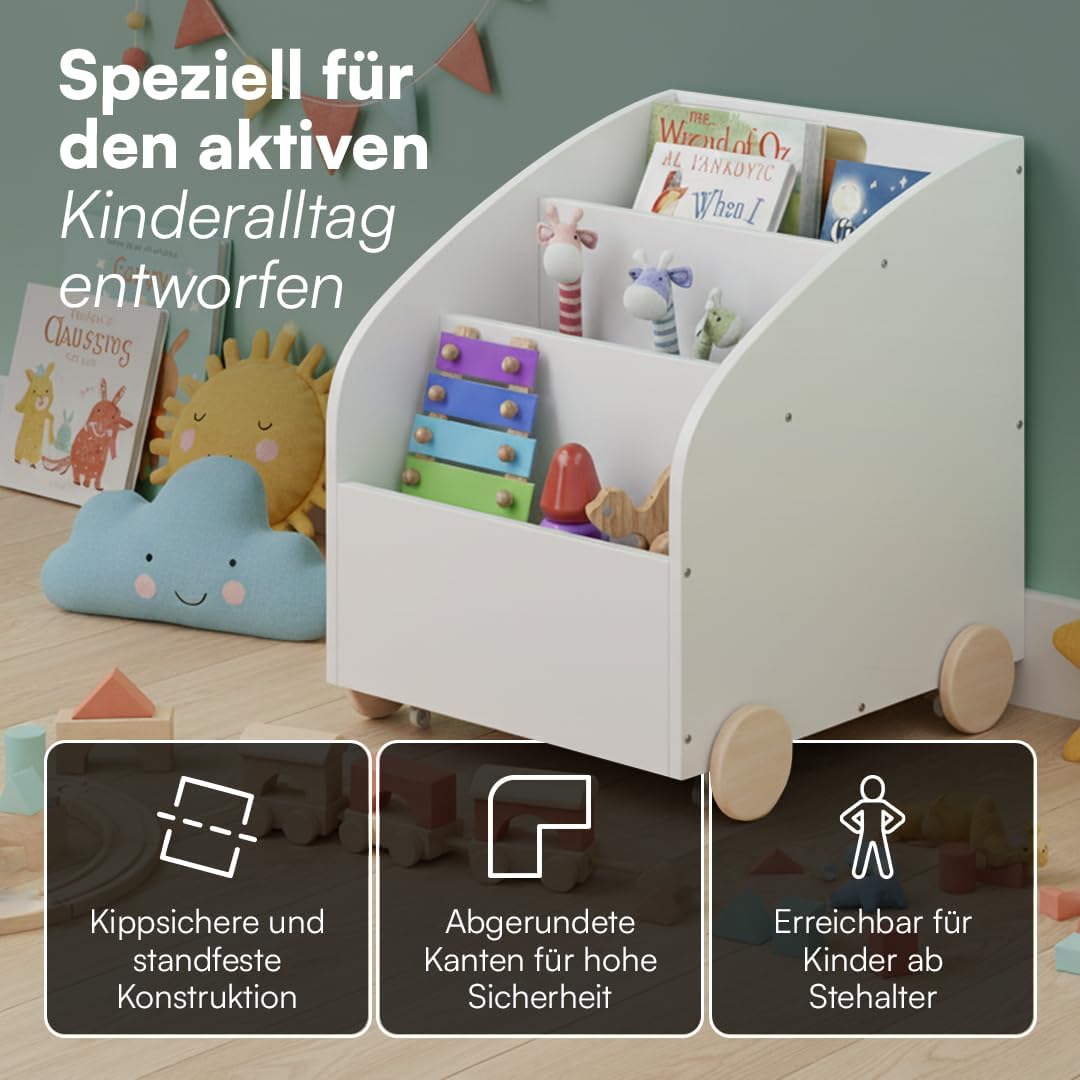 Towy Kinder Bücherregal mit Rollen und Geheimfach, Weiß