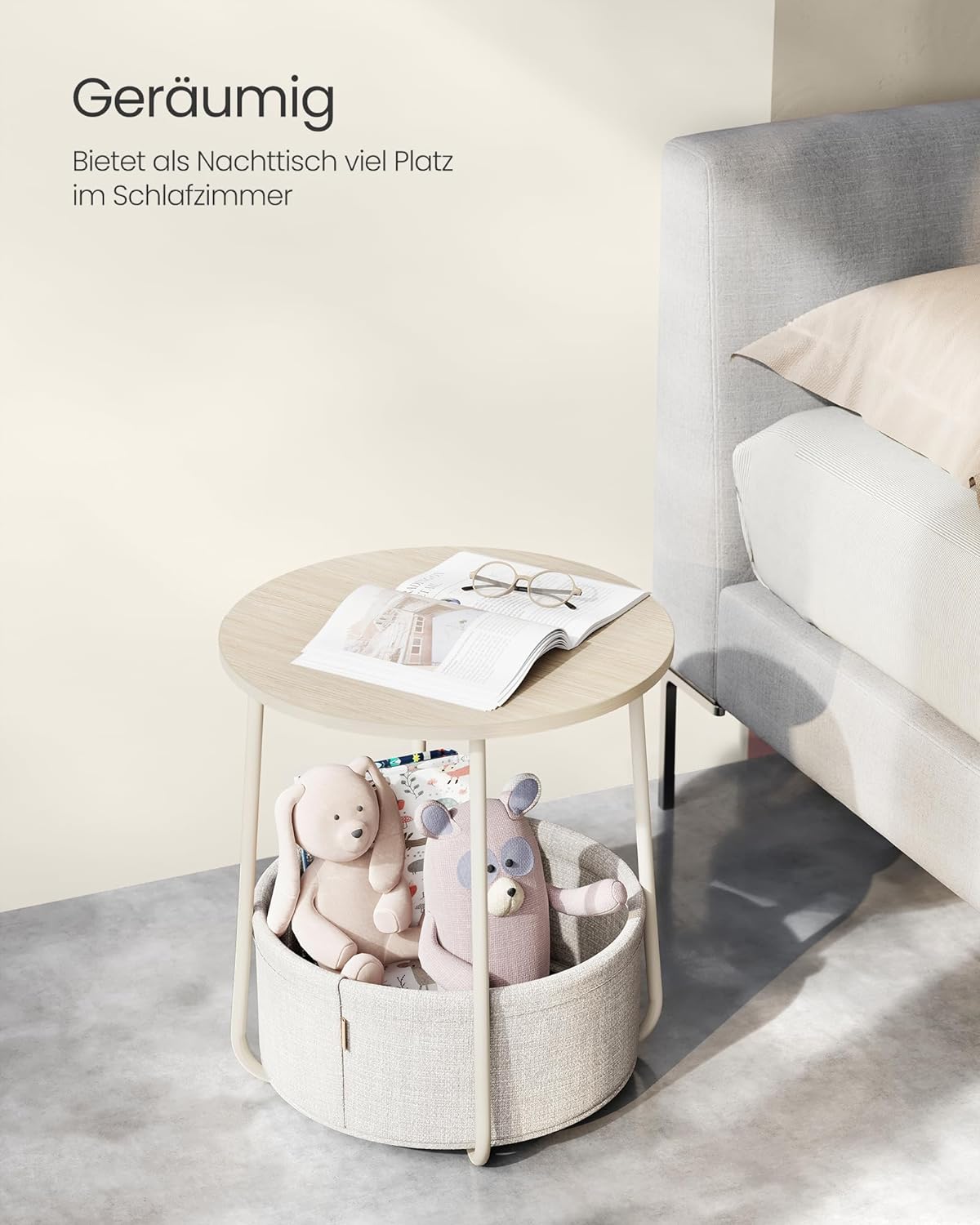 Runder Beistelltisch Smarty mit Stoffkorb und Stauraum, Cremeweiss