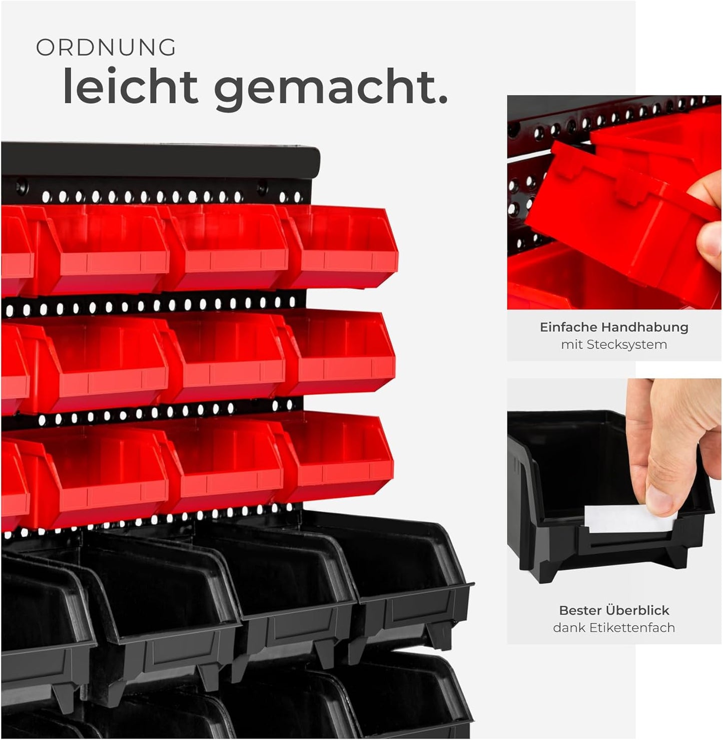 Werkstatt-Wandregal mit Stapelboxen, 64 x 38 x 17.5 cm | 2 Shelf Units, Rot, Schwarz