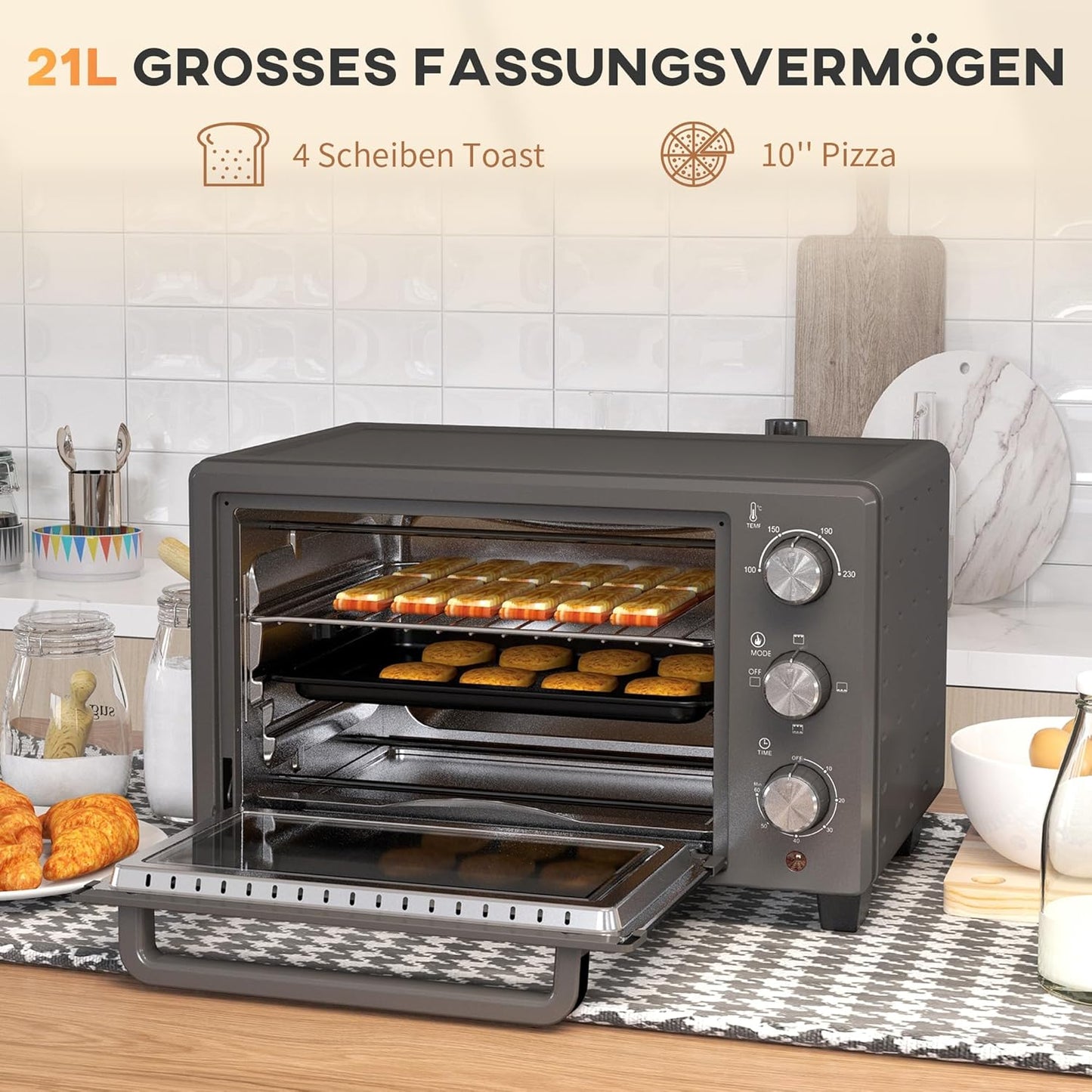 Minibackofen mit Timer und Zubehör, Grau