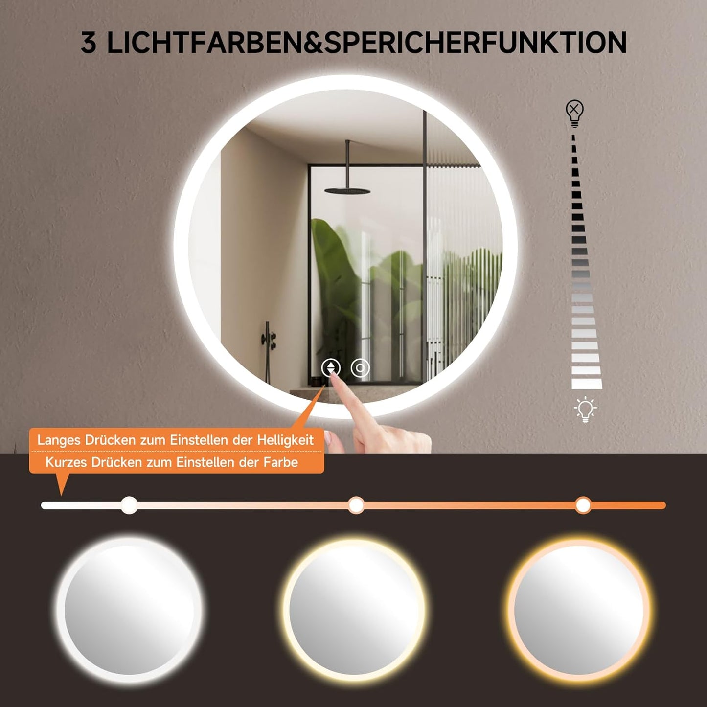 Runder LED-Badspiegel mit Touch & Dimmfunktion, 50 x 50 cm Beschlagfrei+ 3 Lichtfarbe+ Dimmbar