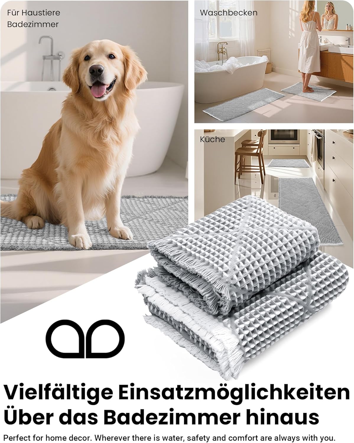 2-teiliges Badezimmerteppich Set, rutschfest und waschbar, Grau
