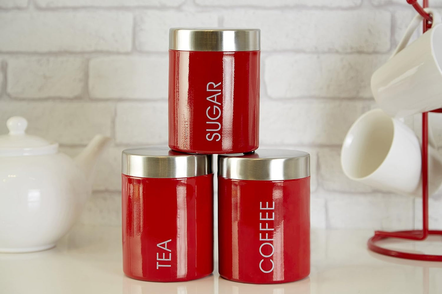 Housewares Tee, Kaffee und Zucker Set, 3-teilig, spülmaschinenfest, Rot
