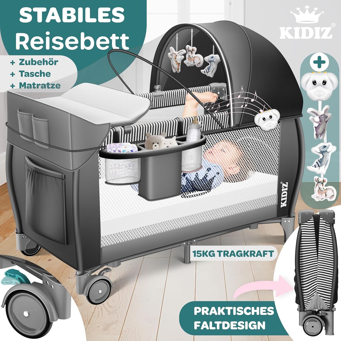Klappbares Babyreisebett mit Matratze & Zubehör, Schwarz