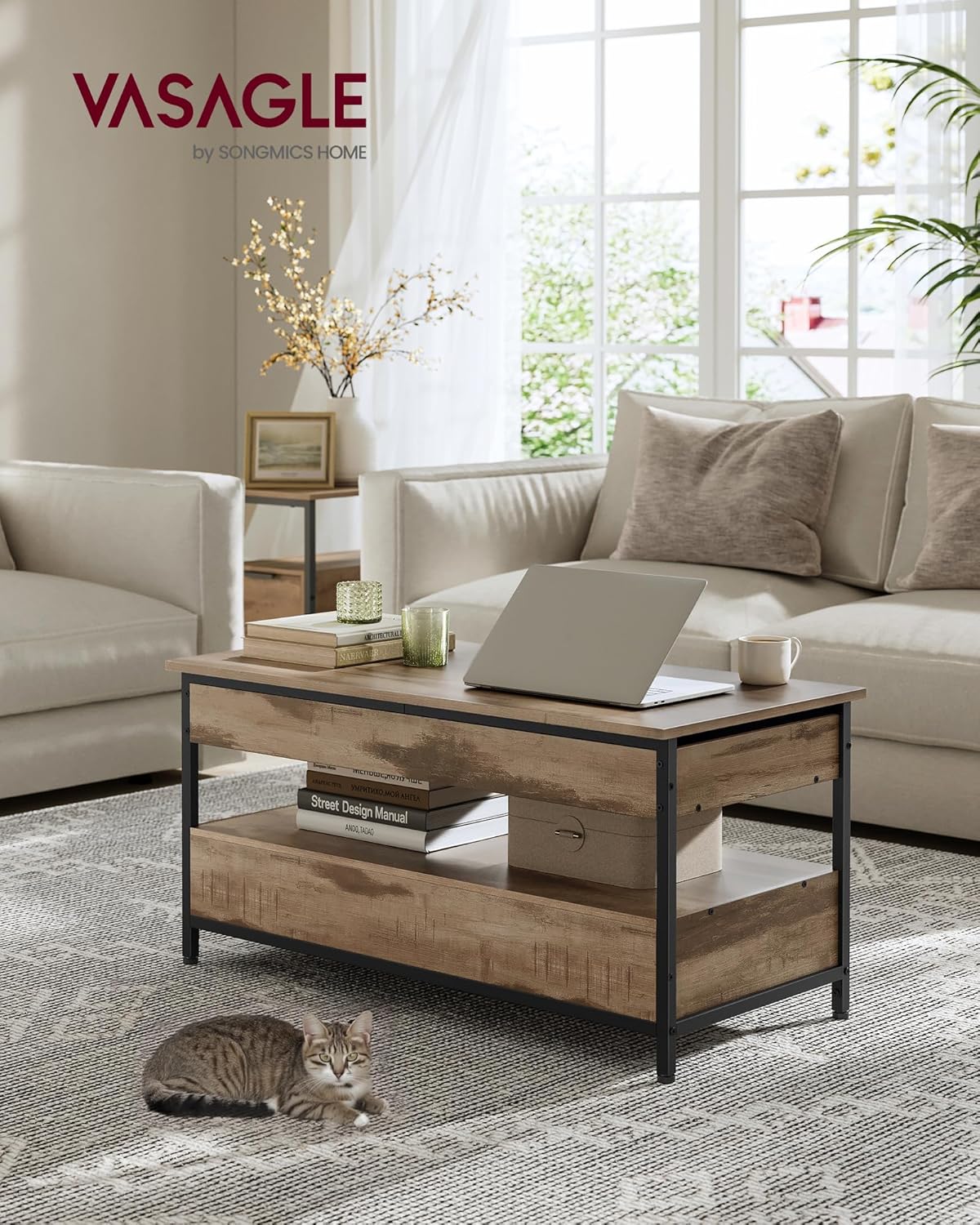 Höhenverstellbarer Couchtisch mit Schubladen, 100B cm| Kamelbraun + Tintenschwarz