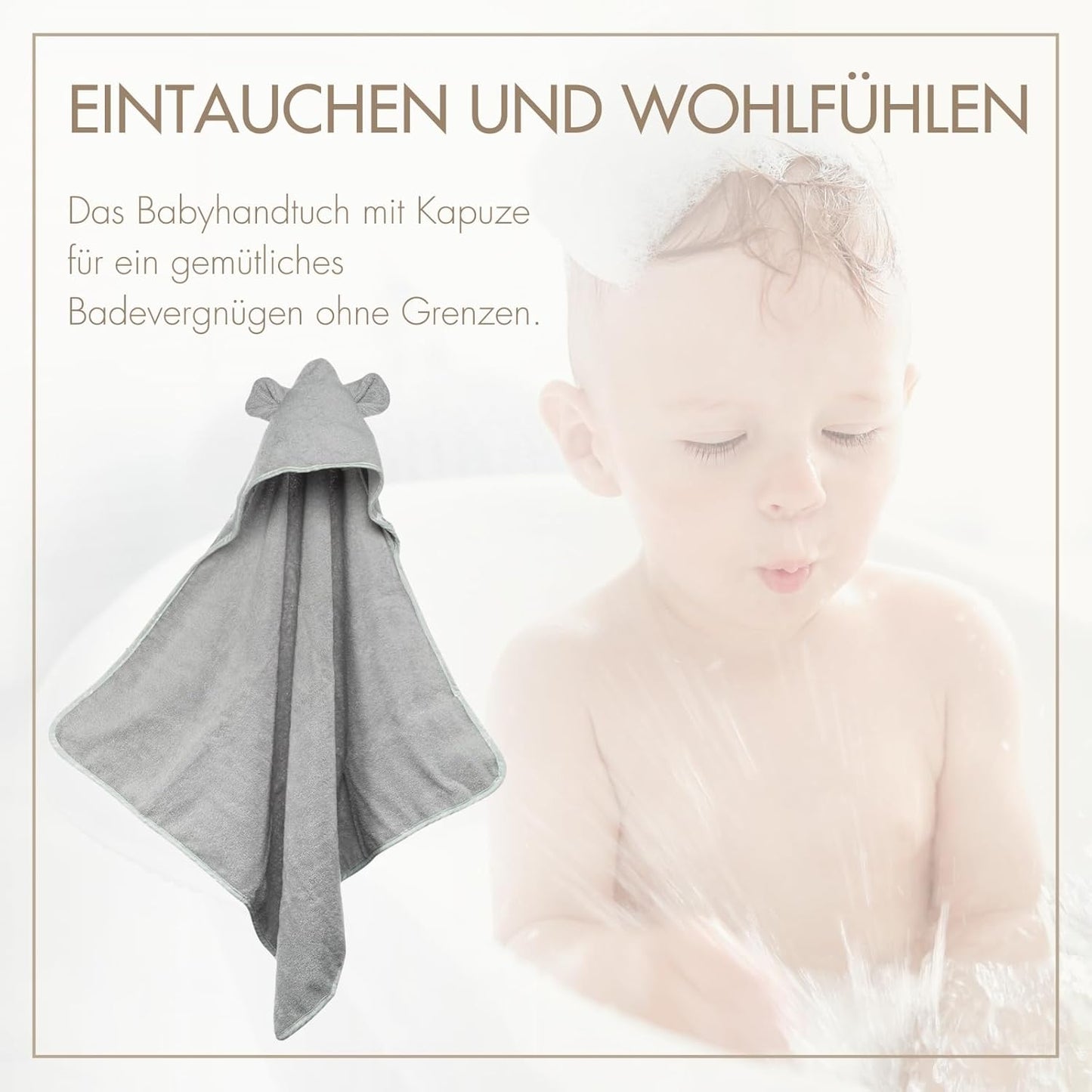 Kapuzenhandtuch für Babys und Kleinkinder aus Frottee, Grau Kapuze mit Ohren