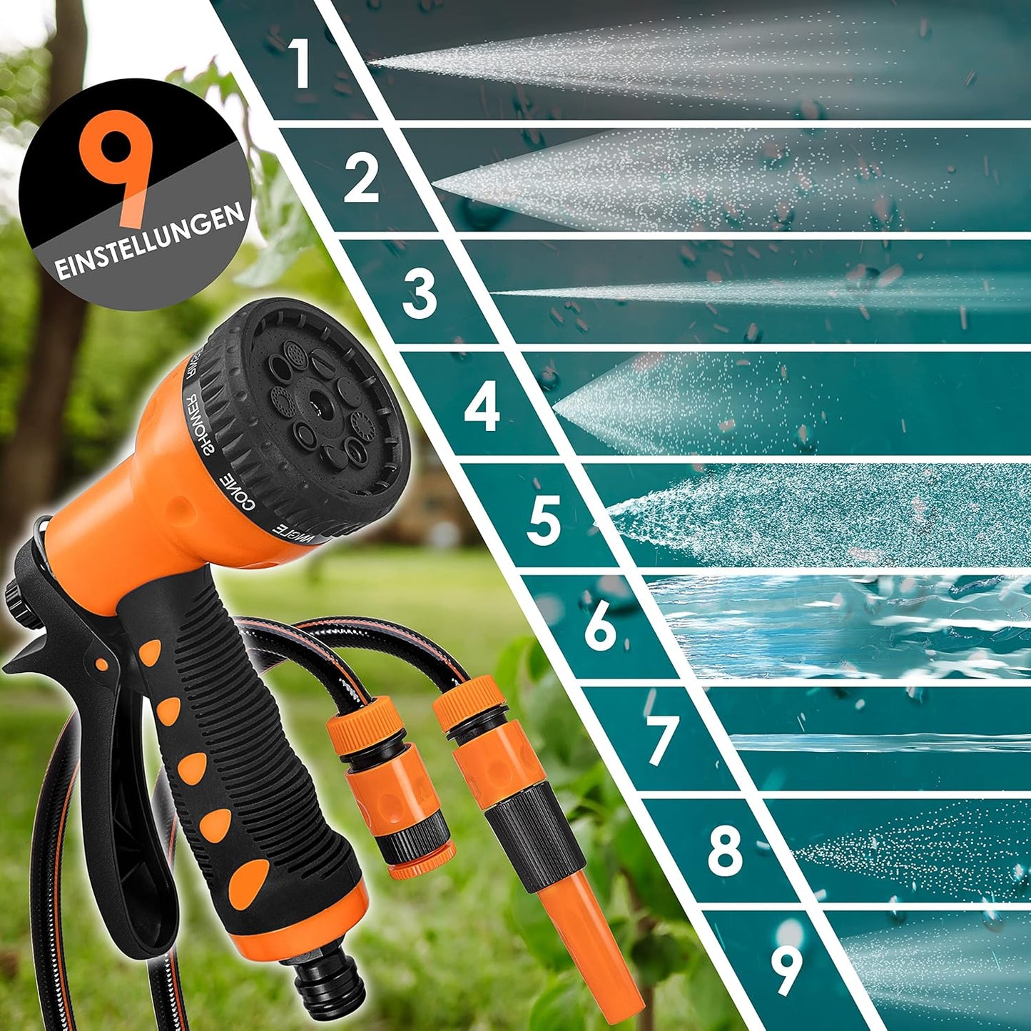 Schlauchtrommel mit 2-Wege-Verteiler & Handbrause, 30 Meter Orange