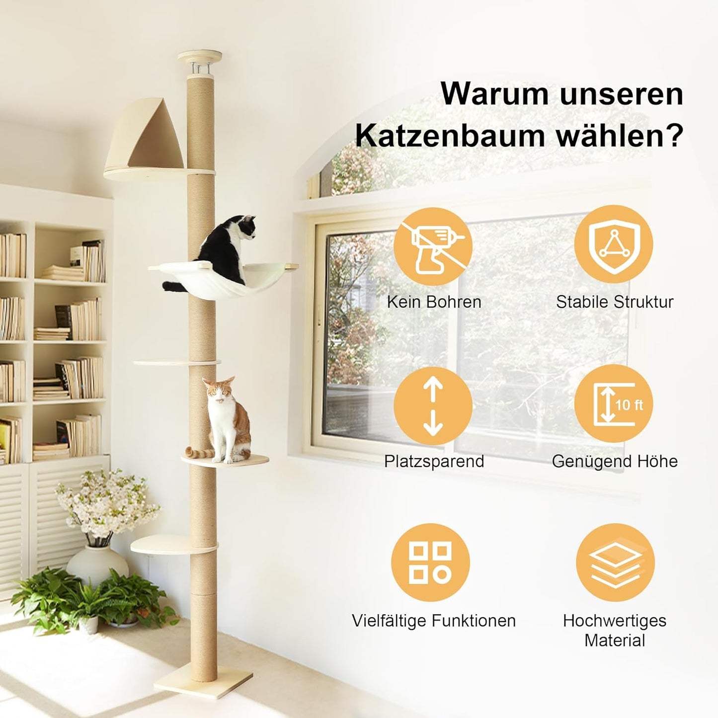 6-Etagen Kratzbaum mit Hängematte und Versteckzelt, höhenverstellbar, beige (282-305cm)