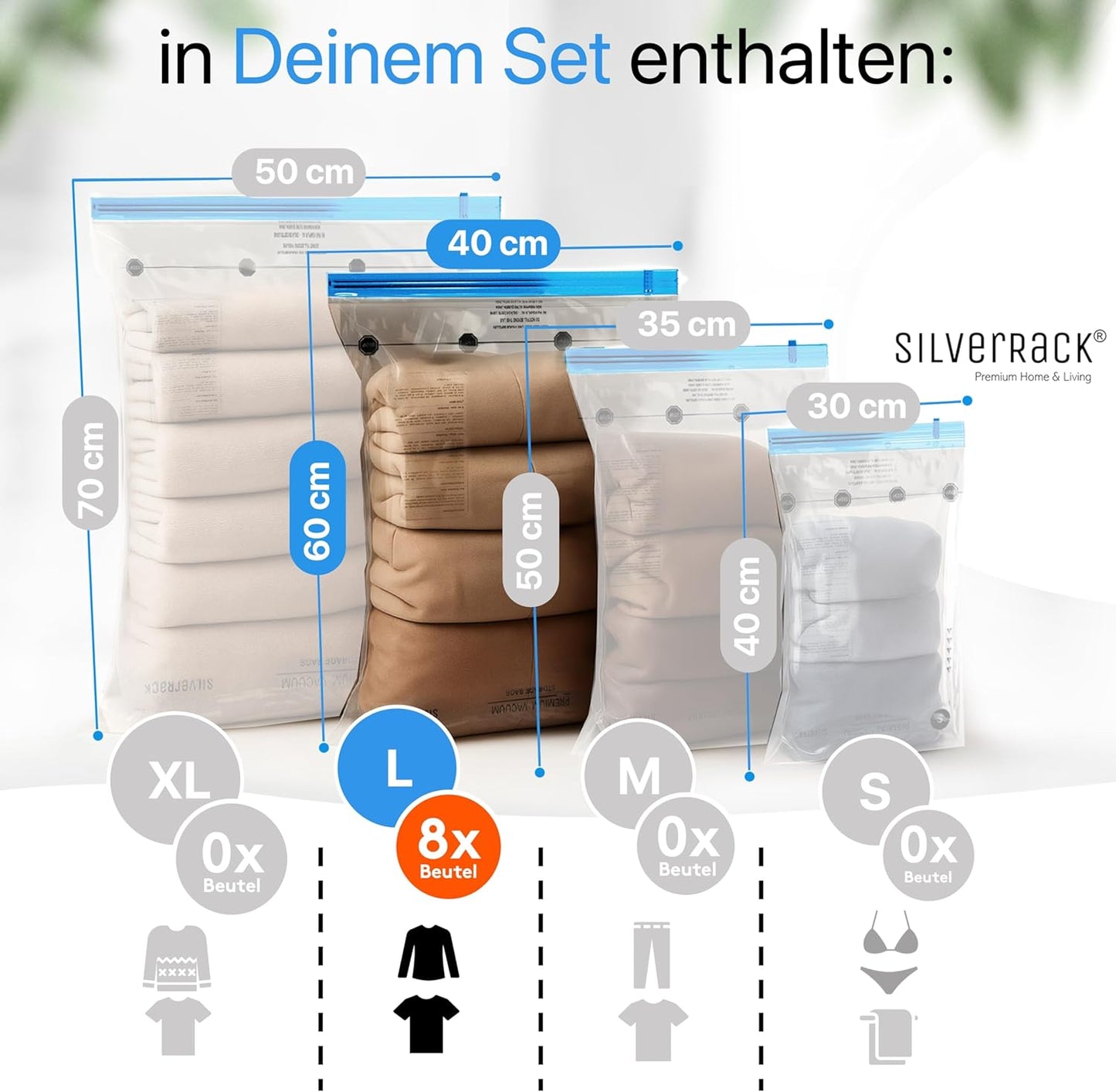 8-teiliges Vakuumbeutel-Set für Kleidung, 8x Beutel - (8xL (40x60 cm) zum Aufrollen)