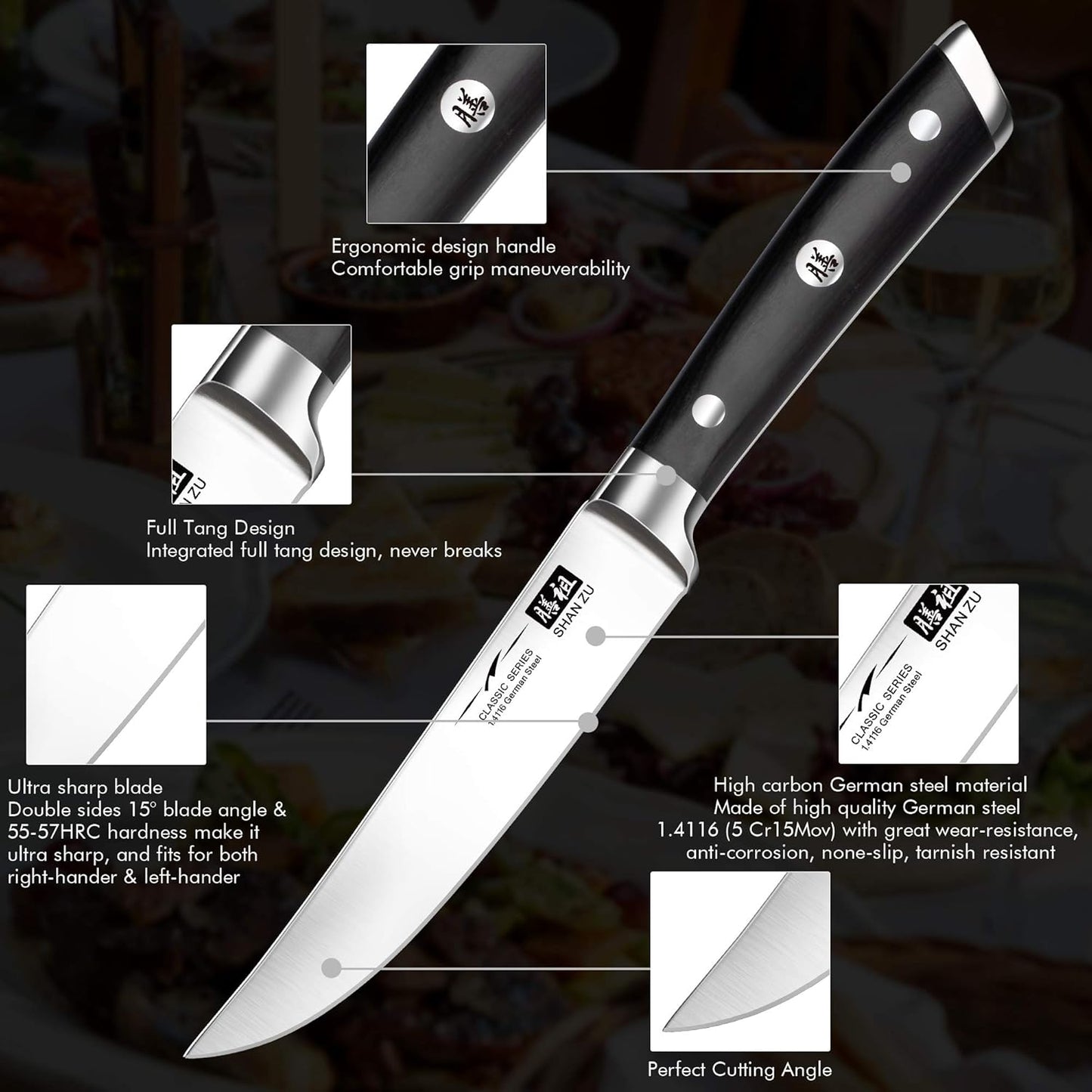 4-teiliges Steakmesser-Set, Deutscher Edelstahl Steakbesteck 4-teilig