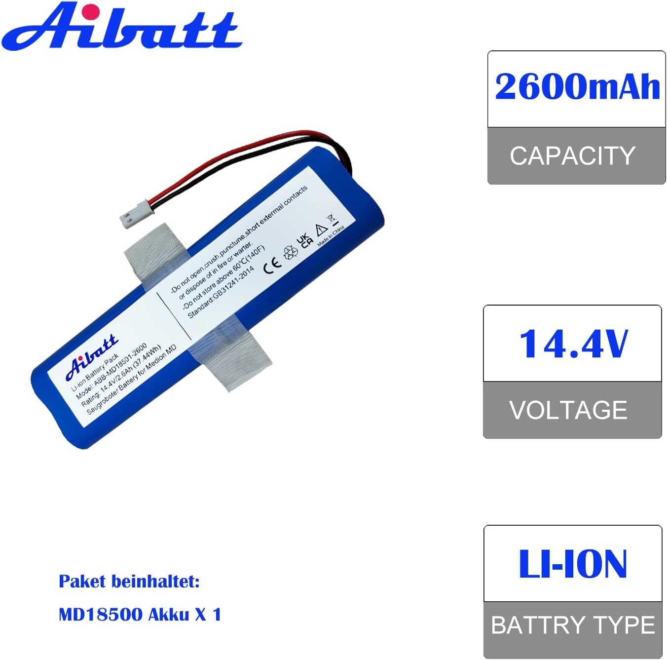 Ersatzakku für Medion Staubsauger, 14.4V 2600mAh