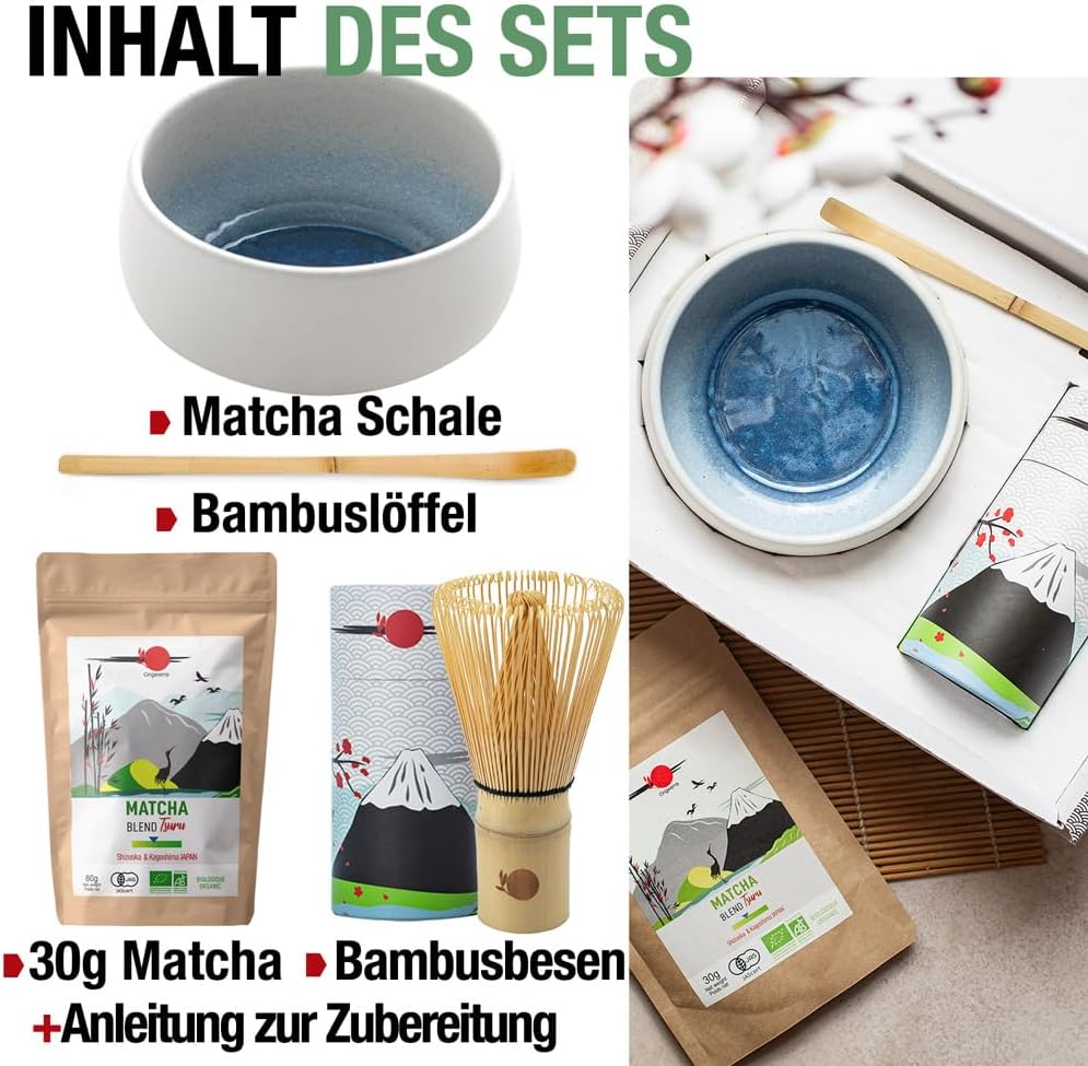 Matcha Teezeremonie-Set mit Bio Matcha-Tee, Blau
