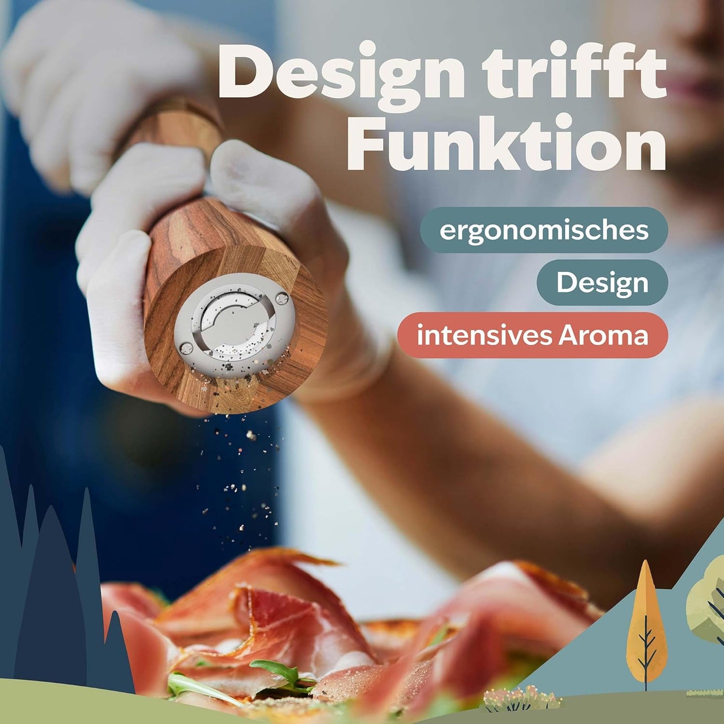 Salz- und Pfeffermühle mit Reinigungsbürste und Einfülllöffel, Kjøk Salz- & Pfeffmühle Akazienholz