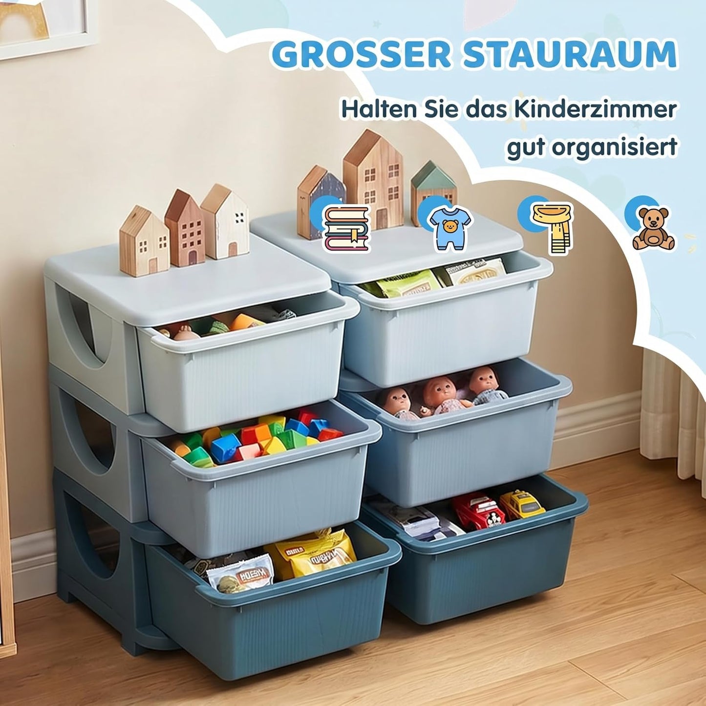 Schubladenschrank Spielzeug-Organizer für Kinderzimmer, 75L x 37B x 56,5H cm Blau