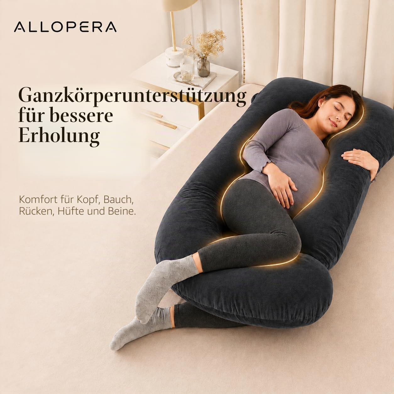 Schwangerschafts-Ganzkörperkissen, abnehmbarer Bezug, Velvet/Black Grey